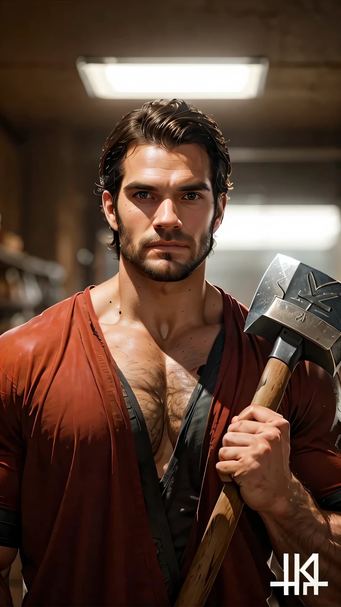 there is a man with a large ax in his hand, with an hammer, with hammer, with tattoos, with beard, henry cavill as wolverine, josh brolin, a portrait of josh brolin, fan art, clay wilson, epic portrait of menacing, fox, fanart, herry cavill, henry cavill as a greek god, holding an axe, henry cavill as a warrior, handsome man, bad expression face, looking at the camera, looking ahead