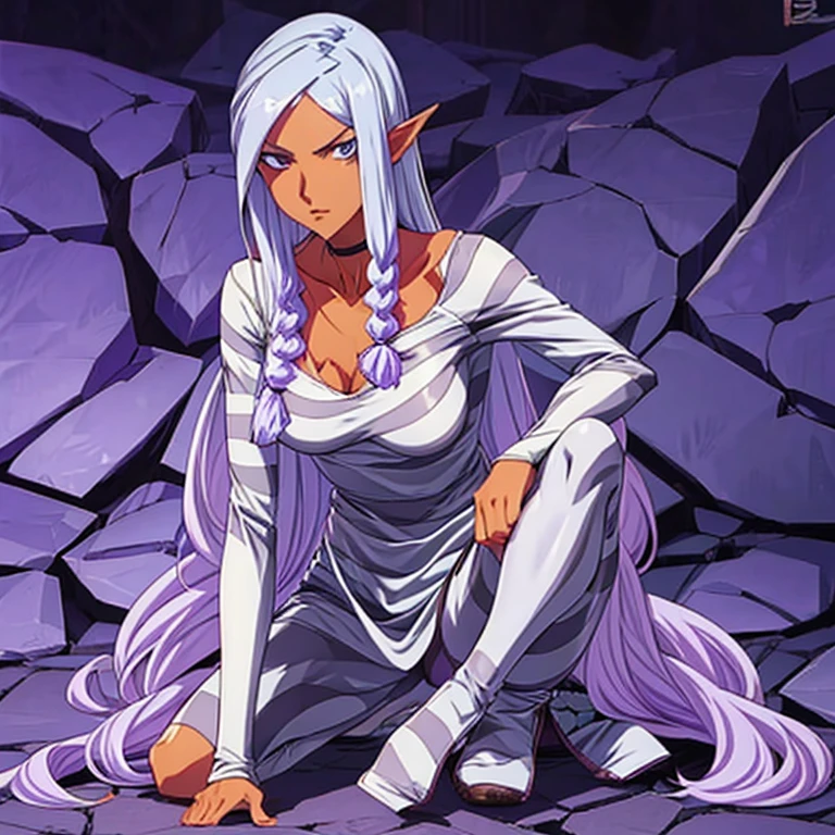 woman with long purple hair, stern look, striped prison clothes, long sleeve shirt, round neckline, white slippers, upper body, dirty clothes, manhwa style