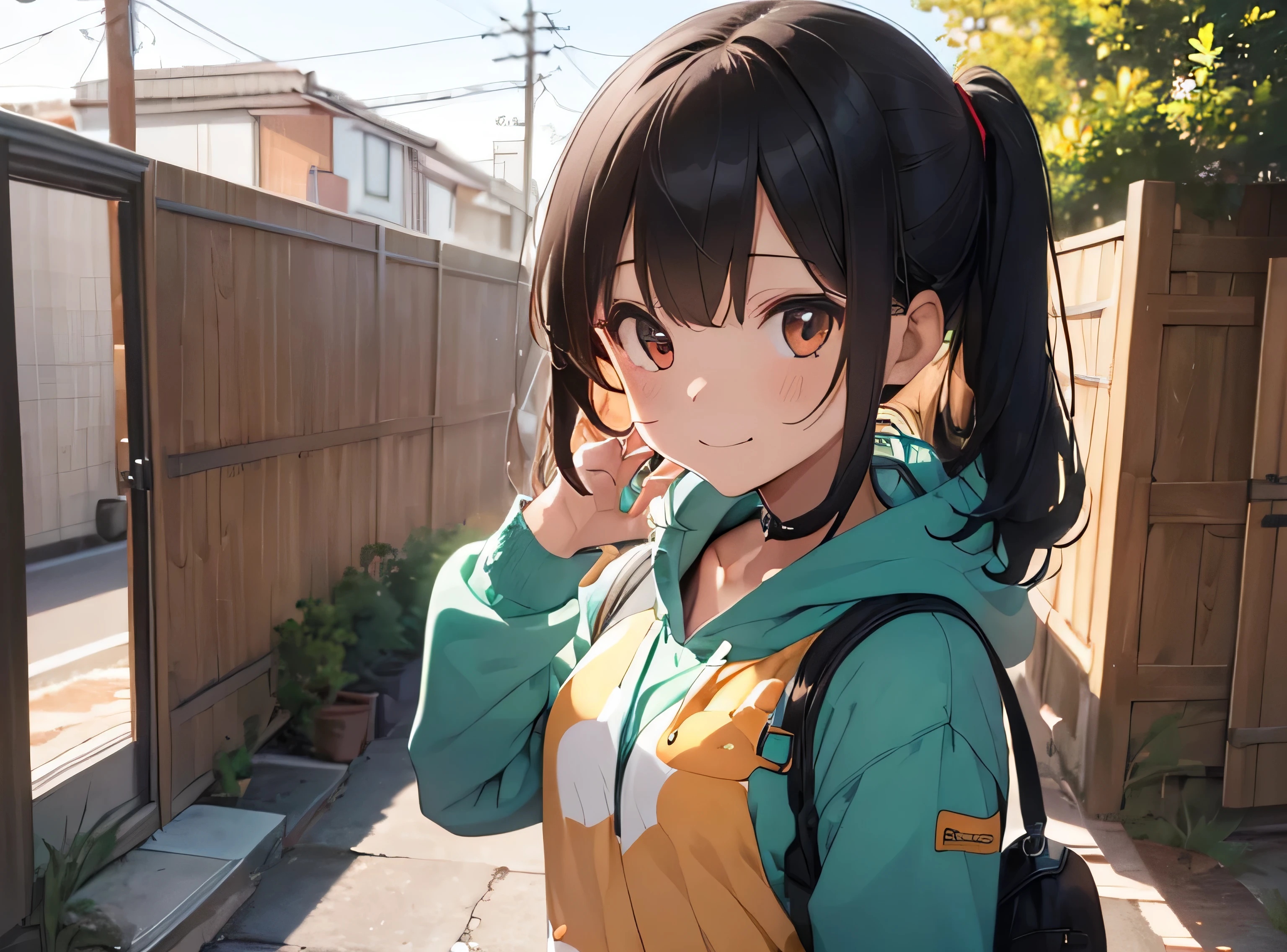 cute illustration、(1black haired woman、hair length、slim body shape、Oriental Green Dragon Kigurumi、Kigurumi、(東洋の竜の角がついたKigurumi、dragon horn))、1Holding a white Shiba Inu、laughter、sunrise