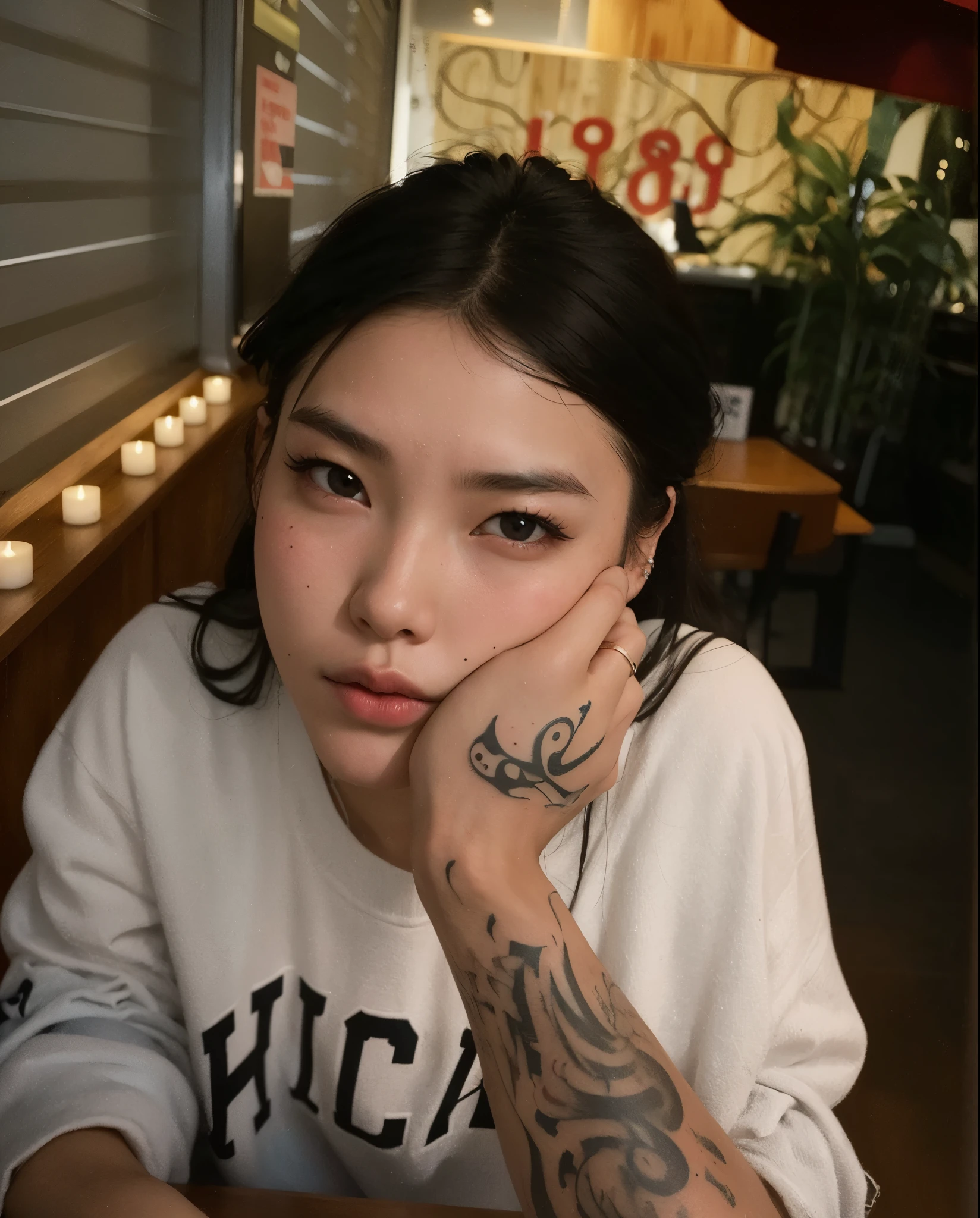 there is a woman with a tattoo on her arm sitting at a table, 18 years old, profile image, profile pic, of taiwanese girl with tattoos, she looks like a mix of grimes, 2 2 years old, with tattoos, 21 years old, asian girl, 1 6 years old, looks like a mix of grimes, gemma chen, profile picture