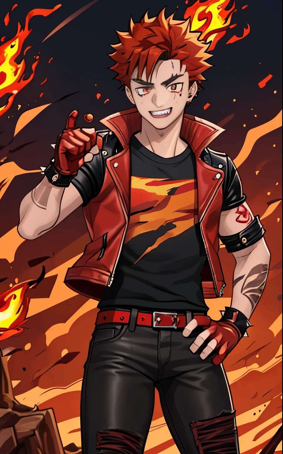 Kai: A teenage boy with spiky red hair and amber eyes. He wears a black leather jacket, a red t-shirt, black jeans, and black boots. He has a scar on his left cheek and a tattoo of a flame on his right arm. He wears a pair of metal gloves on his hands, which he can ignite with his fire.


