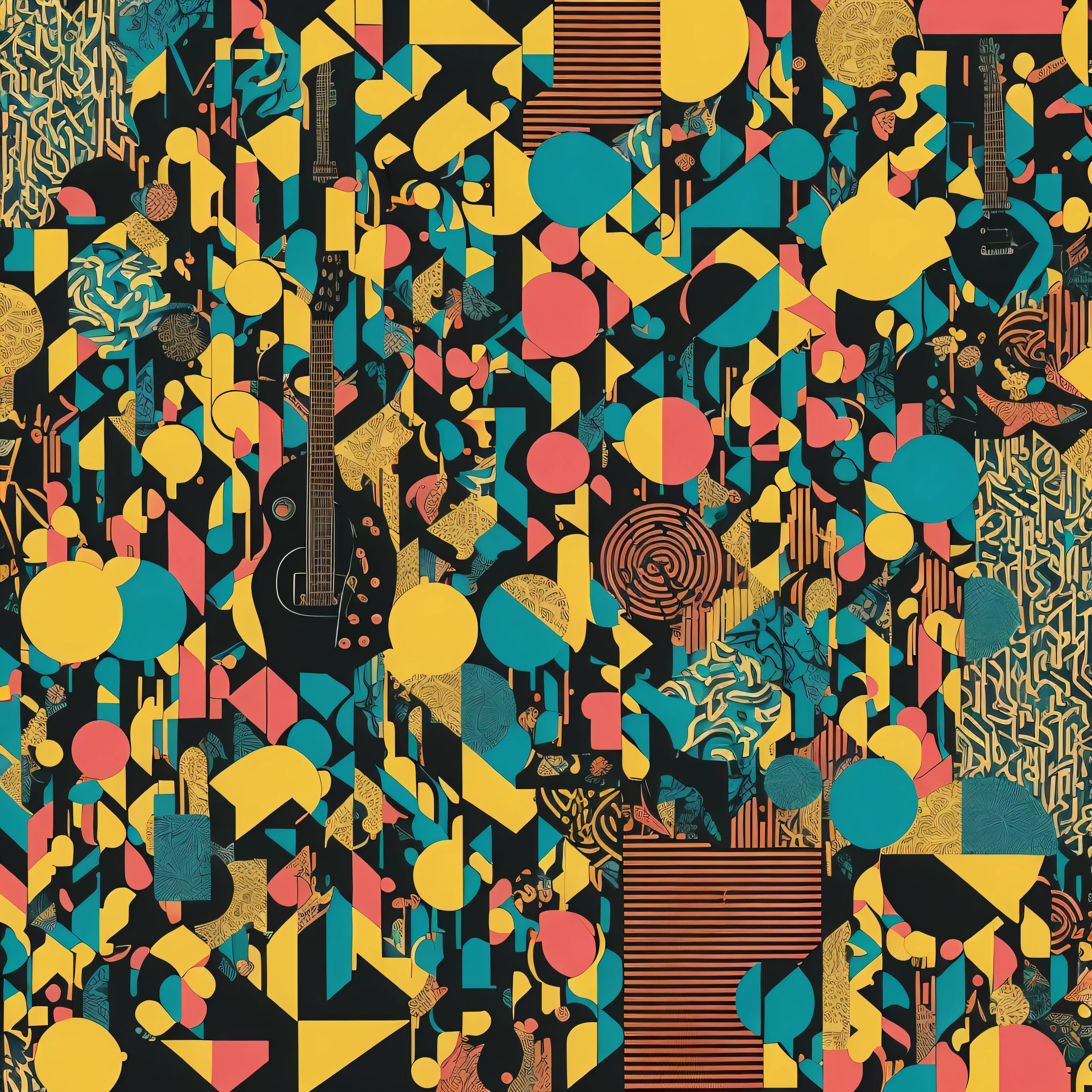 ((guitar and synthesizer、musical instrument　modular synth　♪A collage of colorful geometric patterns with motifs such as。))、　, surreal psychedelic design,  japonism, japanese collage,hyper maximalism　UV neon poop
