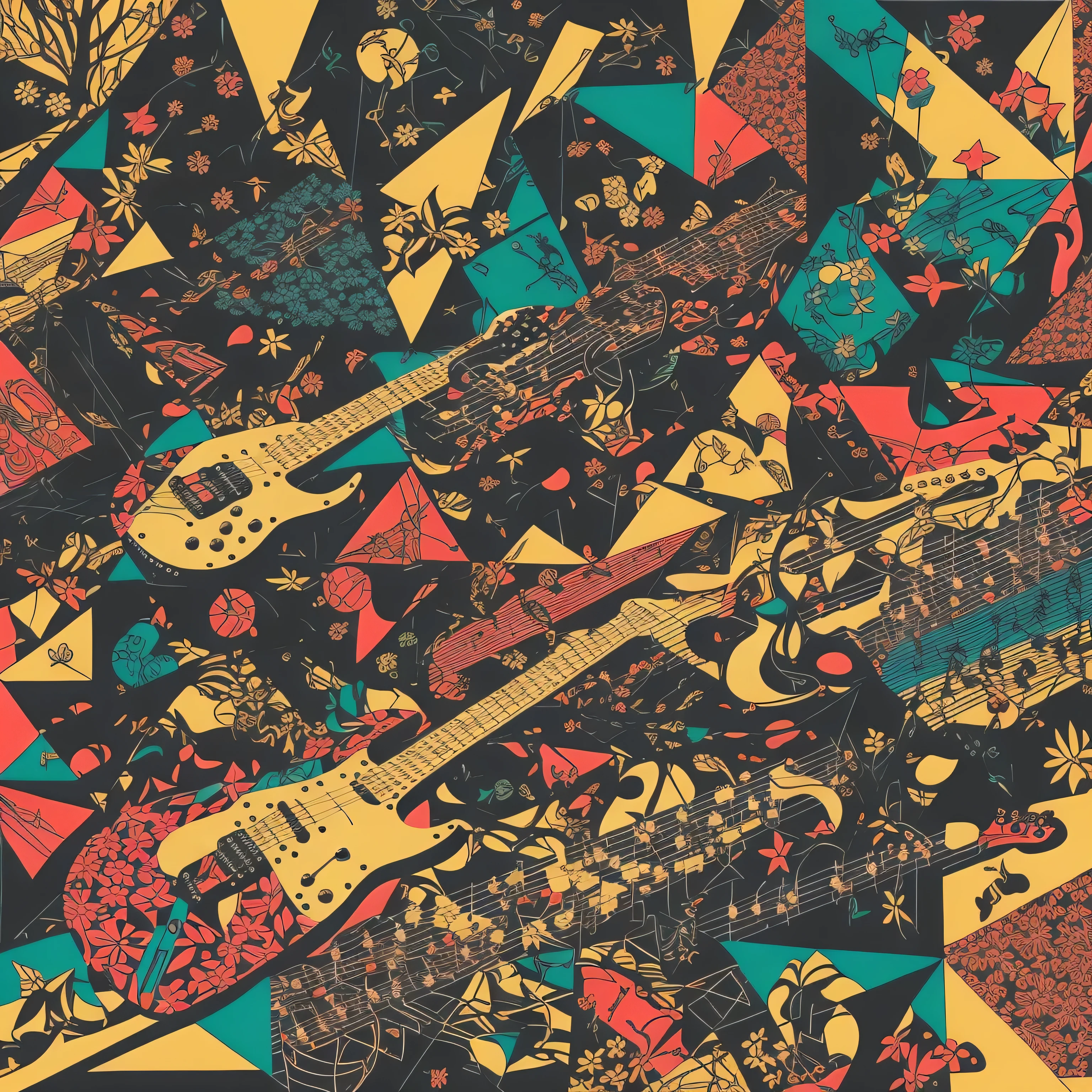 ((guitar and synthesizer、musical instrument modular synth ♪A collage of colorful geometric patterns with motifs such as。))、 , surreal psychedelic design, japonism, japanese collage,hyper maximalism UV neon poop