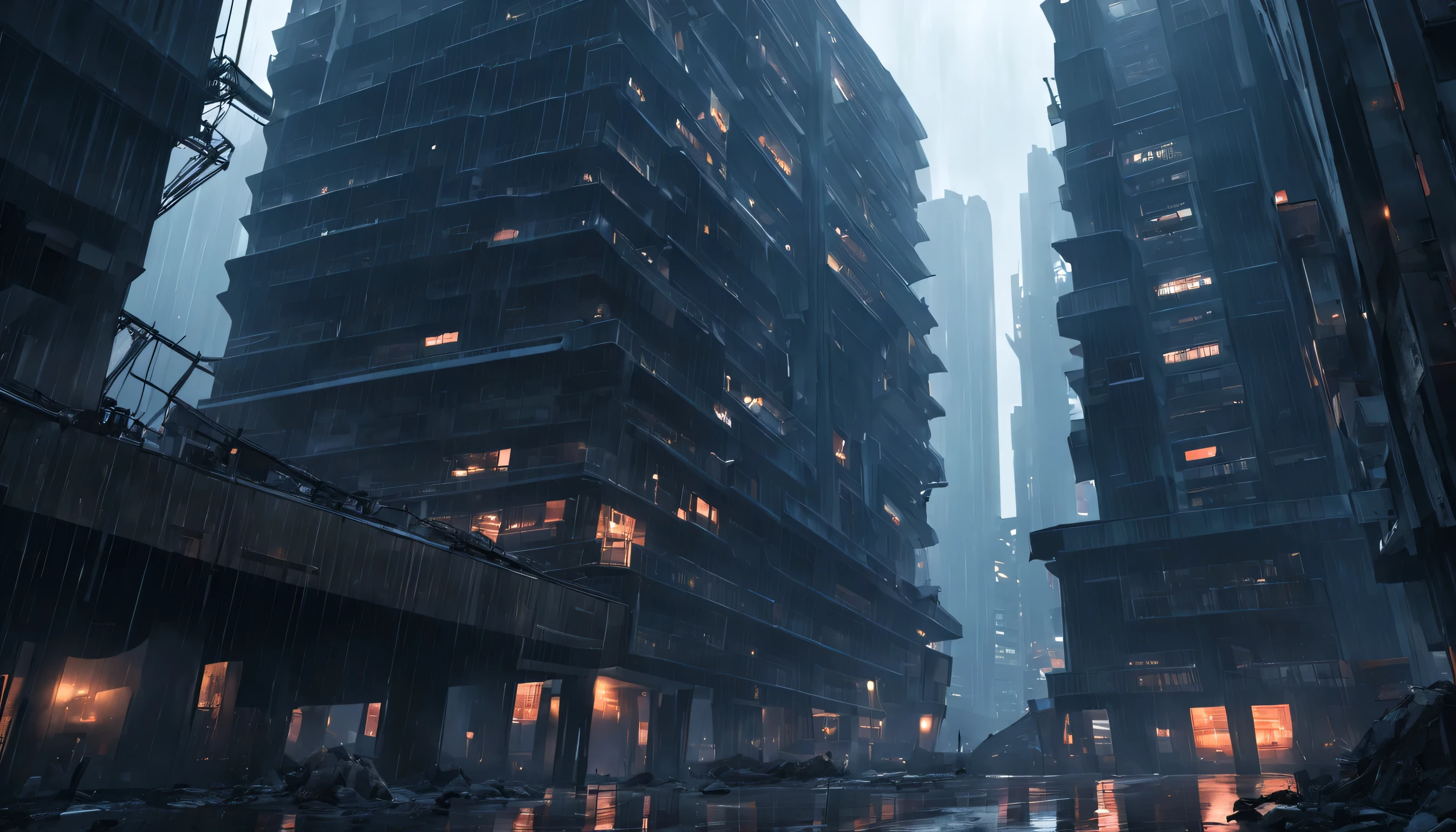 A tall abandoned building surrounded by other abandoned buildings in very dark abandoned futuristic city, rainy night 