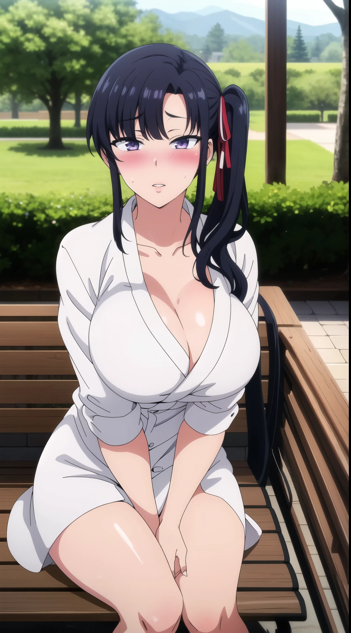 masterpiece, best quality, highly quality ,large breast,side ponytail, Black_hair, long_hair, hair_pulled_back,parted_lips, lilac_eyes, white bath robe, park background , (blush:1.2) , sitting , bench , tree , looking at viewer,