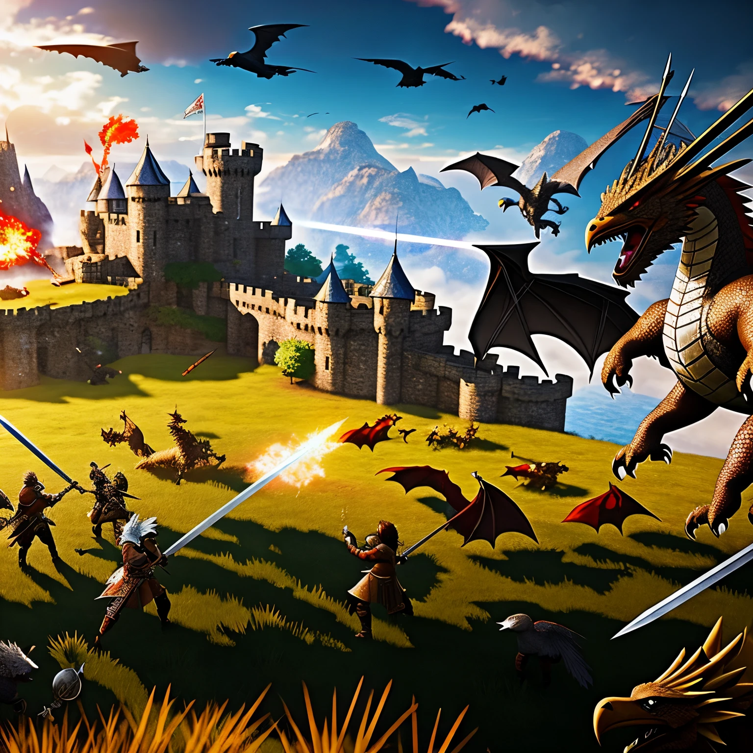 rpg, dragon, Epic, daylight, summer, battlefield in the background, fantasy, swords, corpses, crows, castle, blood, flame