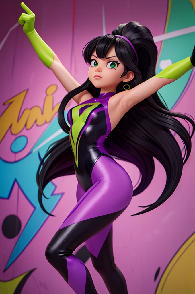 vector, Printable colorful graffiti,super hero,woman,black long hair,látex Leotard Green and purple,shiny tights,high detailing, white background