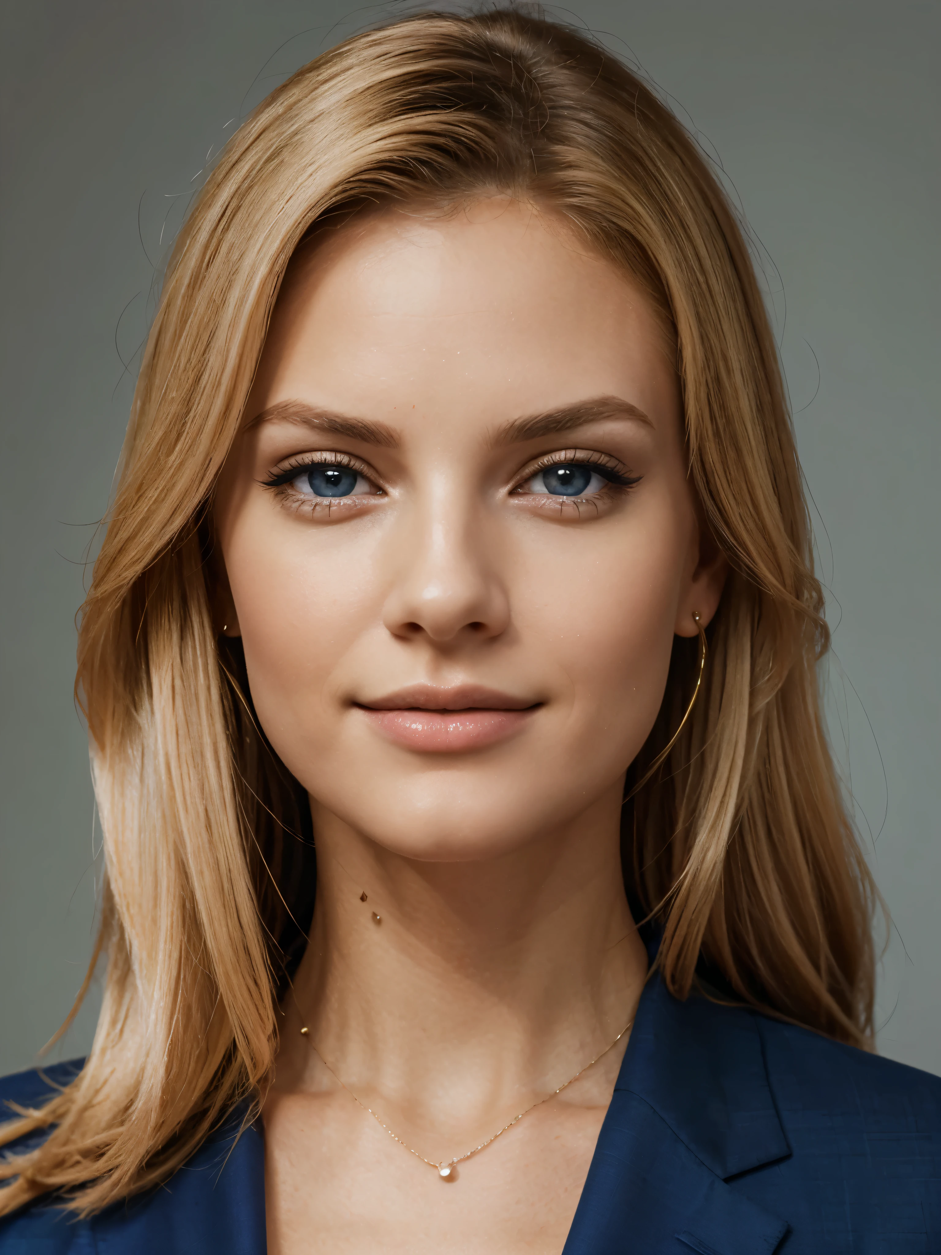 (high resolution:1.2),(mejor calidad:1.2),(profesional:1.1),(retrato:1.1),pelo rubio,parte superior del cuerpo,femenino,elegante,elegante,vestimenta corporativa,mujer de negocios,disparo a la cabeza,Hermoso,Americano,foto para CV,confident expression,fondo neutro,sharp focus,vivid colors,Maquillaje sutil,ojos azules,pose sofisticada,profesional lighting,high level lighting,sombras suaves,postura relajada,detalle excepcional,sharp lines,aspecto pulido,textura fina en la ropa,delicate jewelry,refined features,comportamiento elegante,classic beauty,tez perfecta,sonrisa sutil,mujer atractiva,apariencia llamativa,confianza impresionante,cabello bien arreglado,colores tenues
