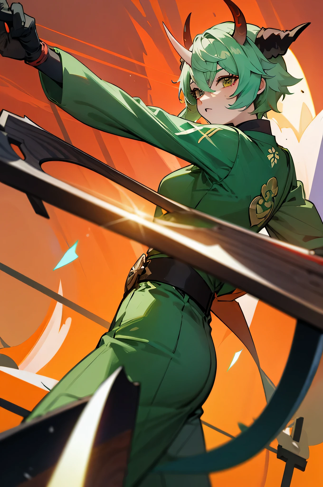 genshin impact character green female oni one horn with axe