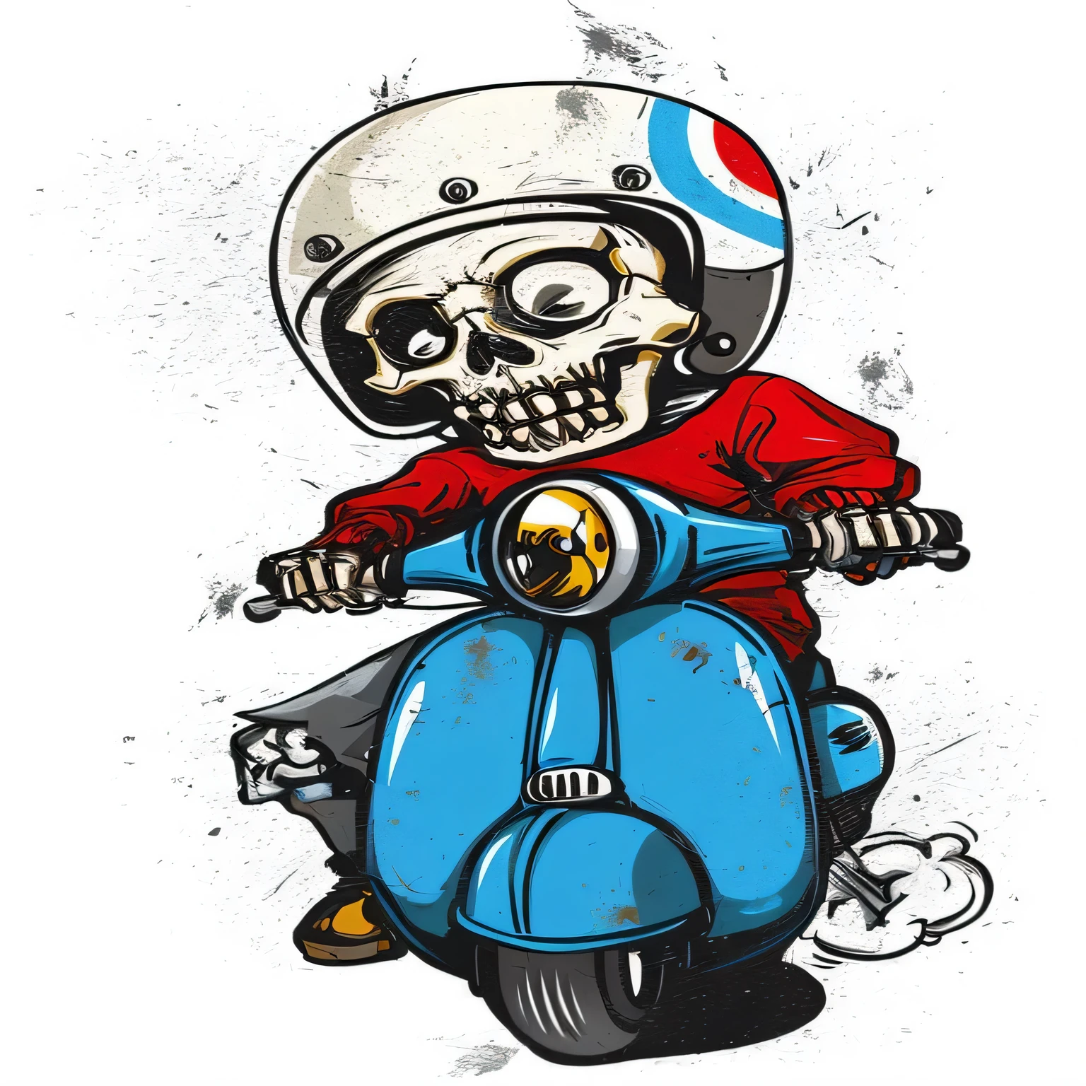 a cartoon skeleton riding a scooter with a helmet on, arte lowbrow style, skullish, biker, moped, skull helmet, lowbrow art style, cartoon style illustration, in style of digital illustration, full color digital illustration, motorbiker, vector behance hd jesper ejsing, digitally colored, french comic style, illustration style, illustration!