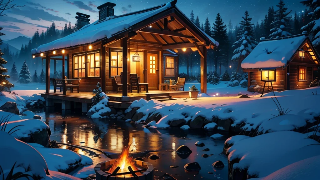 (masterpiece), (best quality), 8k, high detail, Super detailed, Night falls in the village, (Fire lights up the sky), ((warmth and hope)), (silent village), (glowing night)best quality,4k,8K,high resolution,masterpiece:1.2),Super detailed,(actual,照片actual,照片-actual:1.37),Cottages,cozy cabin,wide view,大海全景的Cottages,peaceful atmosphere,Very attentive to details,peaceful environment,Panorama of the sea,Quiet location,Brightly lit night scene outside the large window,Stunning night view outside,Quaint and rustic design,hot coffee,tableware,dog sleeping,comfortable furniture,soft warm light,peaceful colors,Picturesque snow scene,,fresh air,breeze,rustling leaves,peace,,nature exploration,adventure,hiding place、The perfect place to relax and meditate。Camping thatched mud house