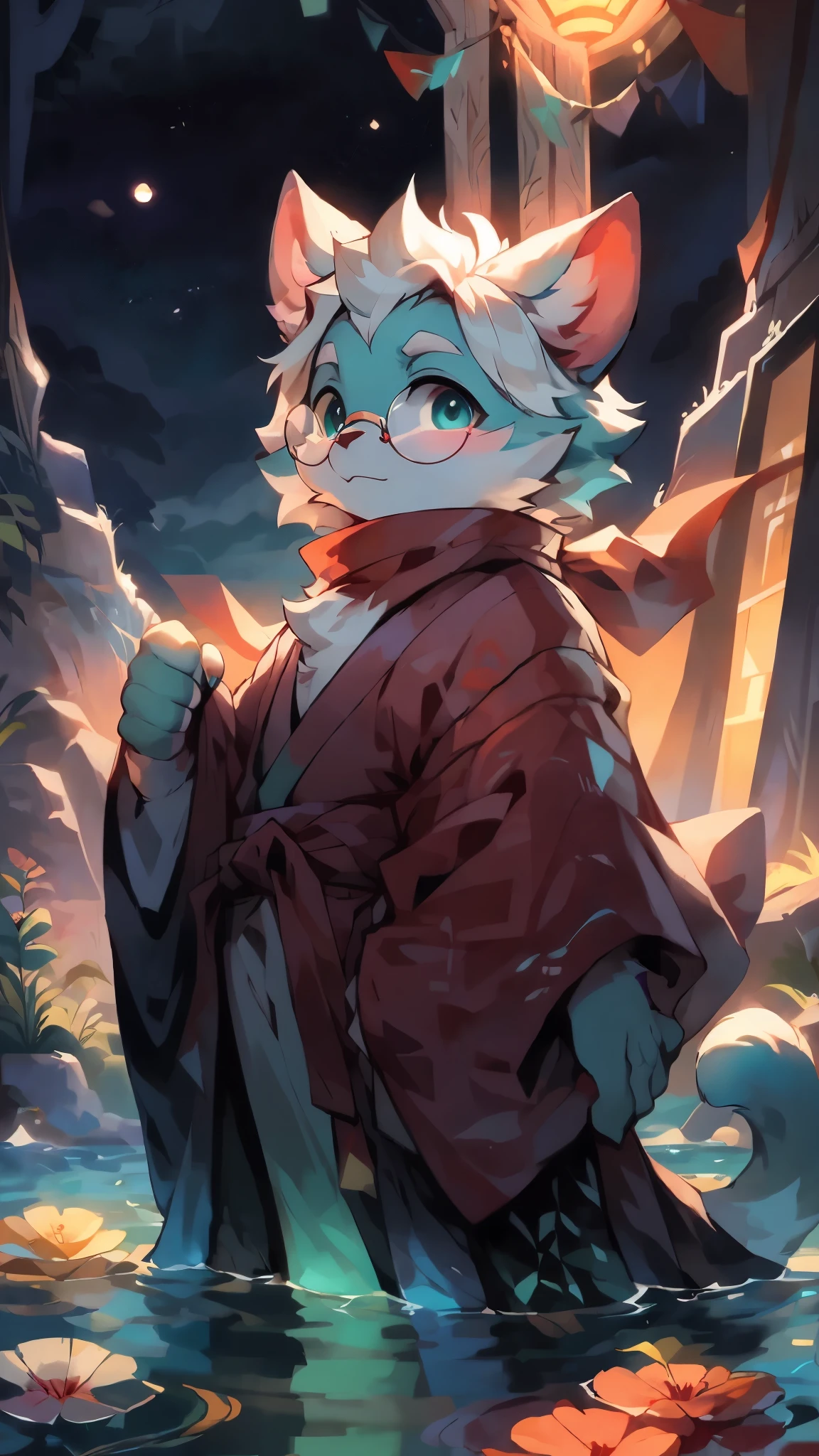 a portrait of a old, fully grown mature and aged  male cat with big round circle glasses and a red scarf, The cat is very tall. bushy tail, and perked-up fluffy big ears, one ear is lowered. He is fully clothed, he wears a fluffy warm and cozy kimono, a handsome cat fursona with teal fur color, the chest has white fur, white fur around his mouth and cheeks, medium-length white hair, fluffy black cat ears, and a fluffy white neck.  He is standinf on water, He is looking up at the colorful starry sky, and in the background  an incredibly detailed background, detailed eyes