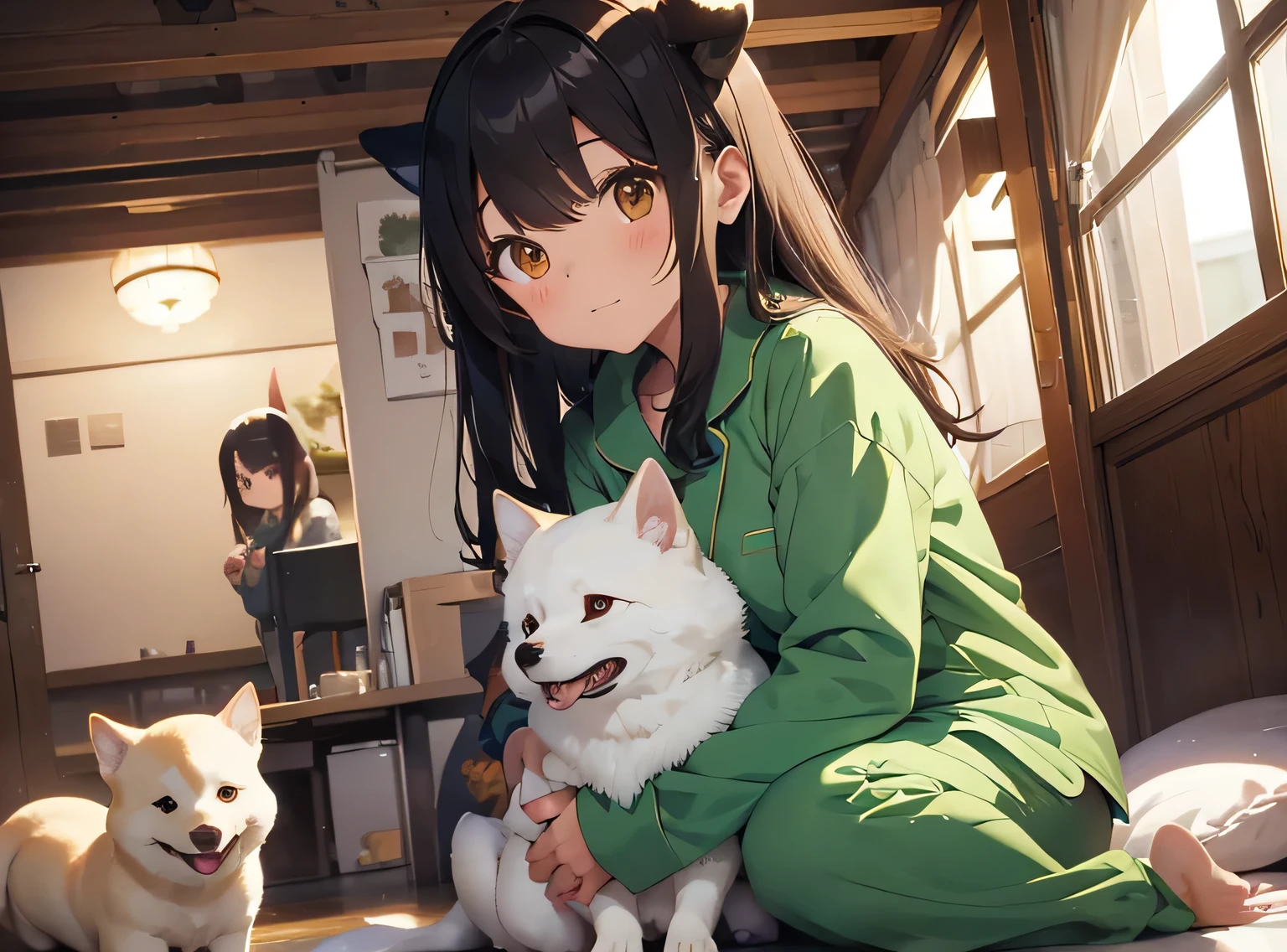 cute illustration、(1black haired woman、hair length、slim body shape)、oriental green dragon pajamas、Kigurumi、pajamas with oriental dragon horns、holding a white shiba inu