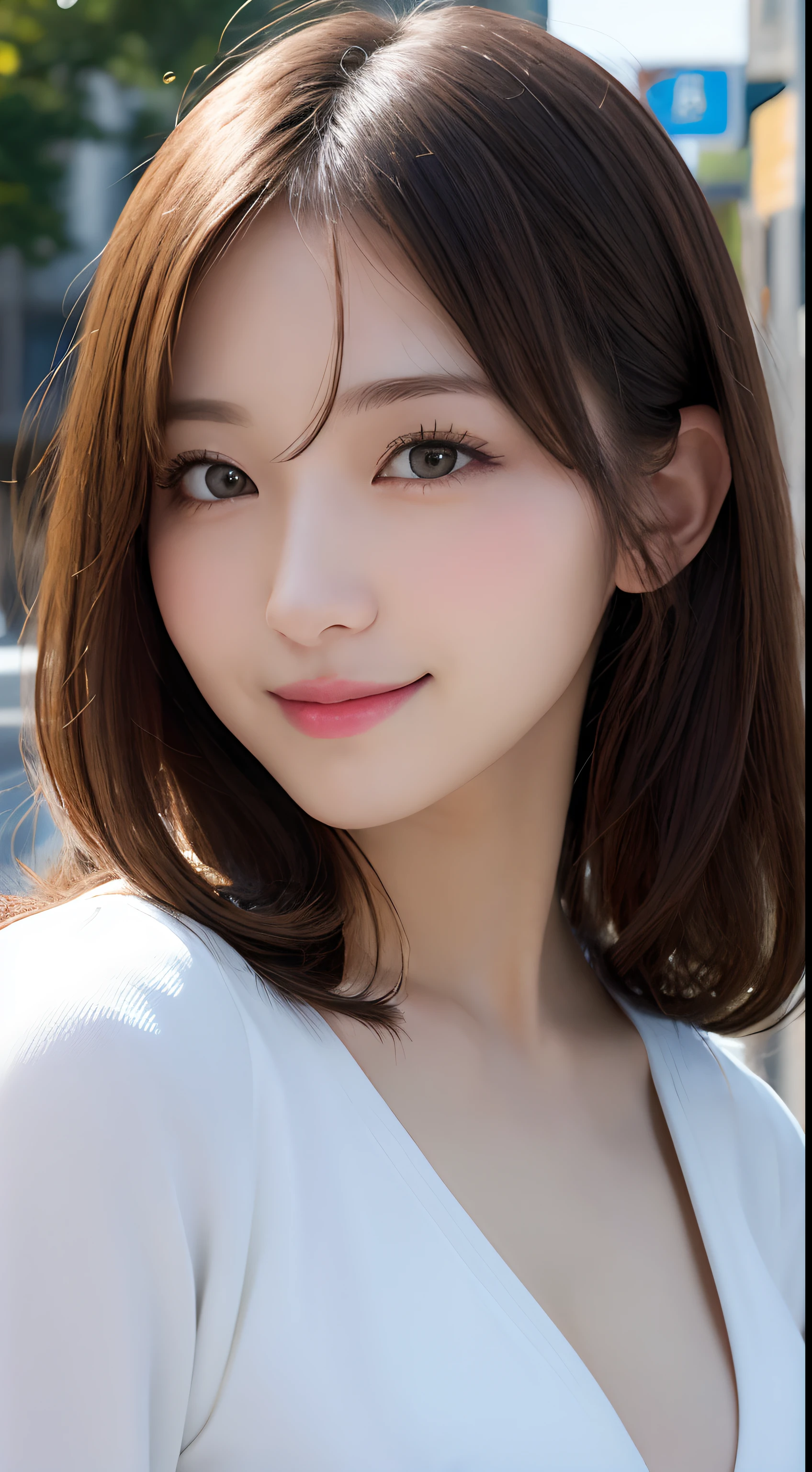masutepiece, Best Quality, Illustration, Ultra-detailed, finely detail, hight resolution, 8K Wallpaper, Perfect dynamic composition, Beautiful detailed eyes, doress,Medium Hair, Big breasts, Natural Color Lip, Random and sexy poses,Smile,Aoyama Street Walk、20 years girl