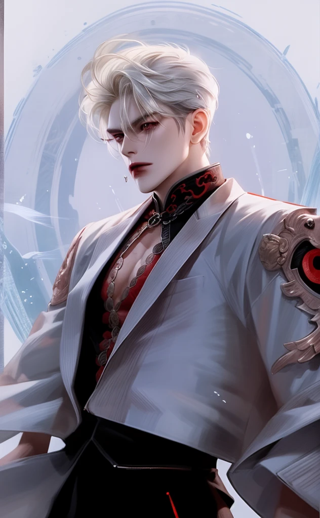 Man -platinum hair, white jacket, sword, intense gaze, ethereal background, elegant pose, vivid red and black color scheme, dragon style, dragon man, fantasy