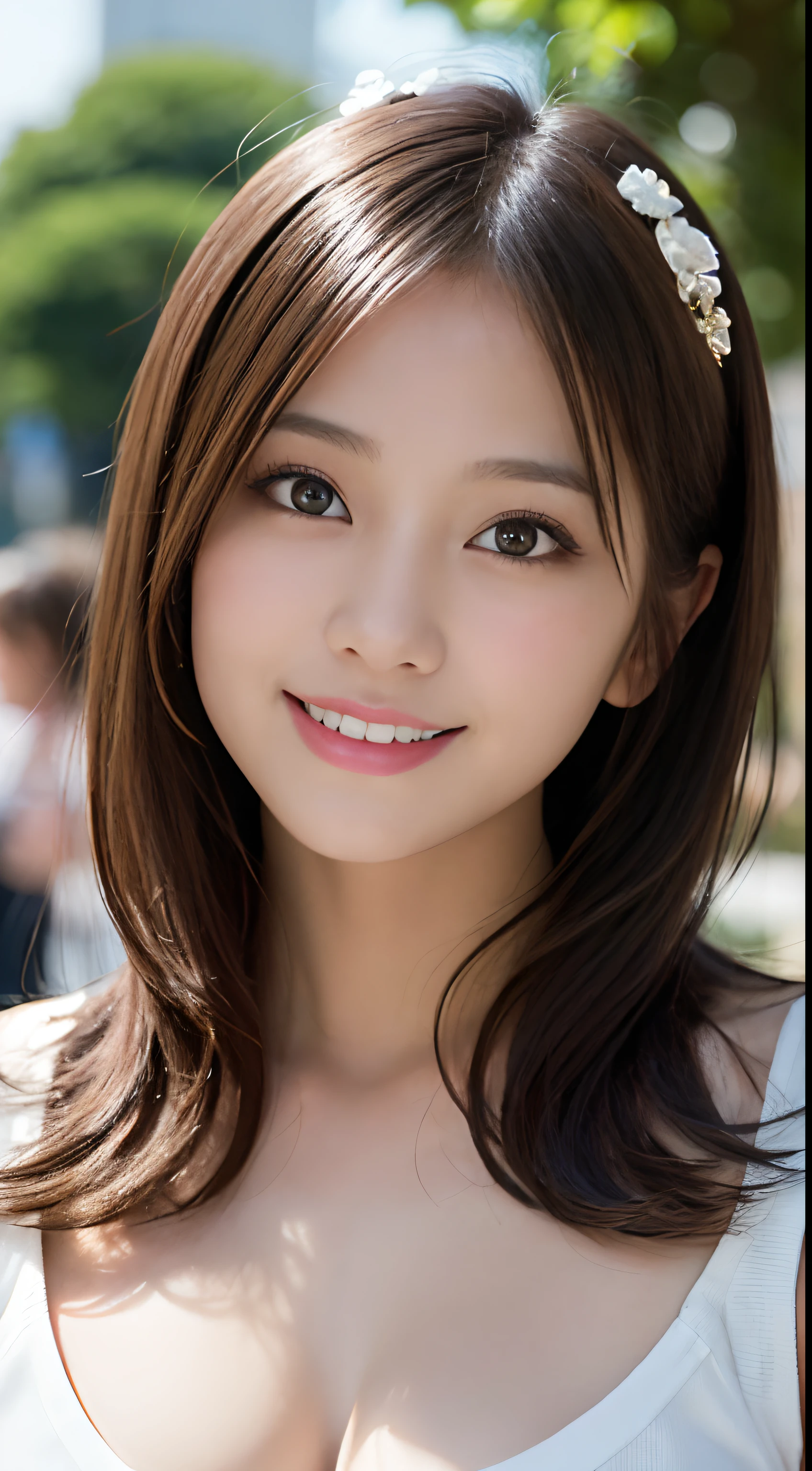 masutepiece, Best quality, illustration, Ultra-detailed, finedetail, A high resolution, 8K wallpaper, Perfect dynamic composition, Beautiful detailed eyes, Summer of Ladies,Medium hair,little breast，Natural color lips, Bold sexy pose,Smile,Harajuku、20 years girl、Cute、Look at the sexy shots of the lens