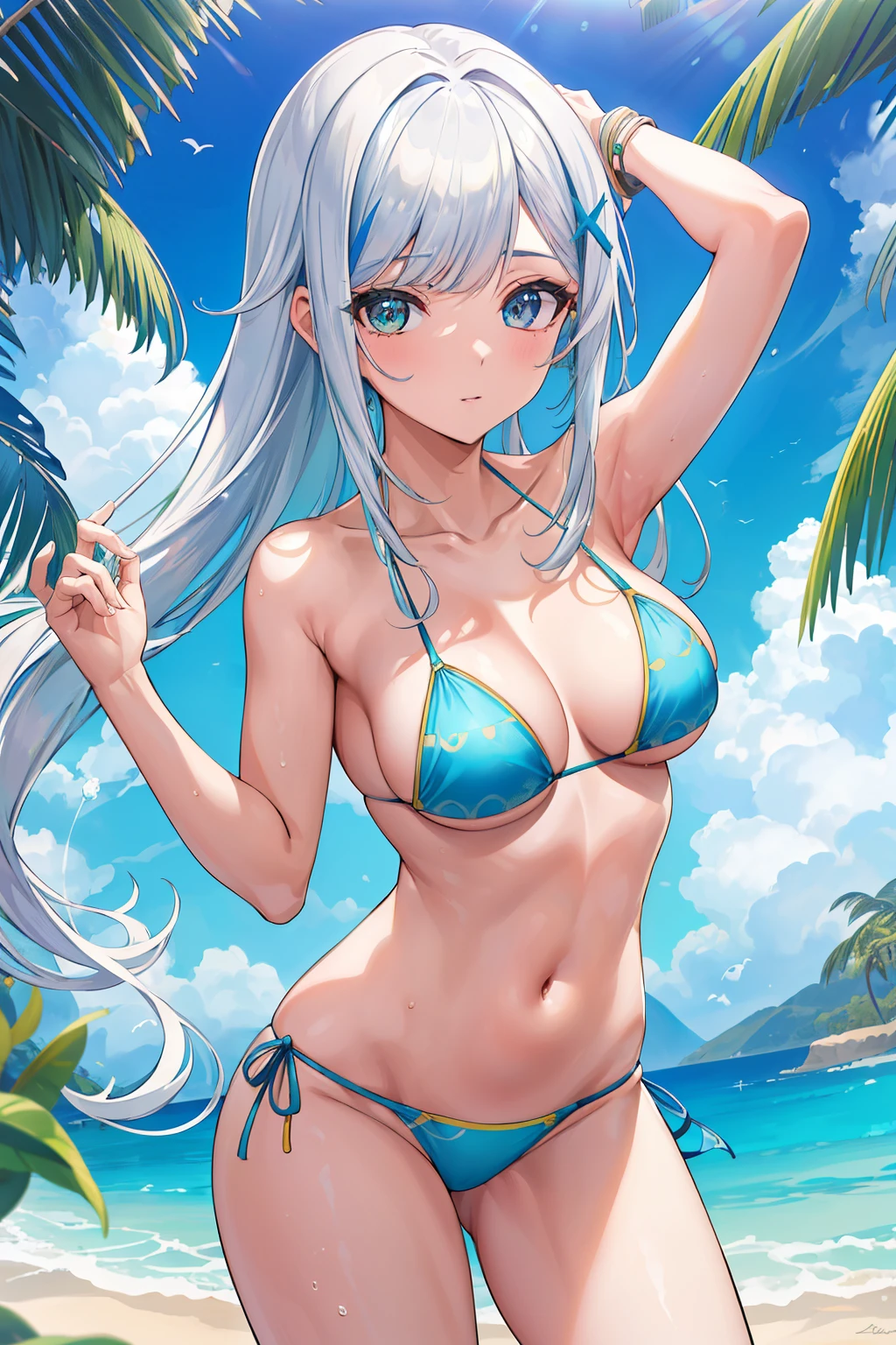 (Obra de arte, melhor qualidade, alta qualidade, high resolution), 1 garota, extremamente bonito rosto detalhado, embaixo da agua, cabelo curto, cabelo prateado, olhos amarelos, bolha de ar, medium breasts, Bikini, melhor sombra, naked, no Bikini