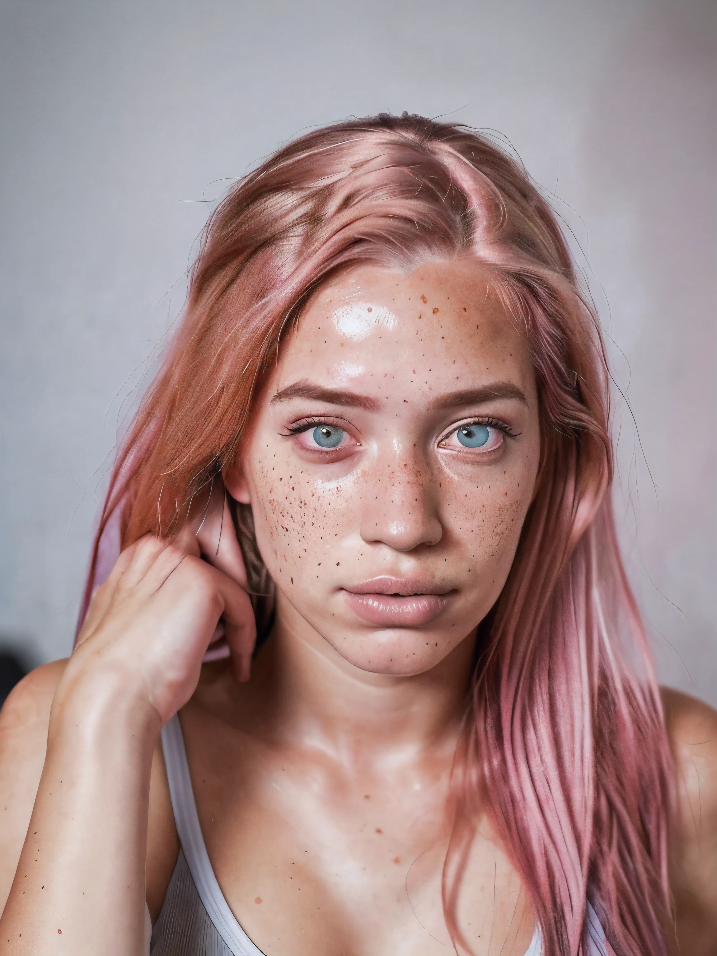 realistic portrait photo of beautiful woman with pink hair, hair roots slightly faded, spanish, influencer, light
freckles, brown eyes, no makeup, instagram, pretty face