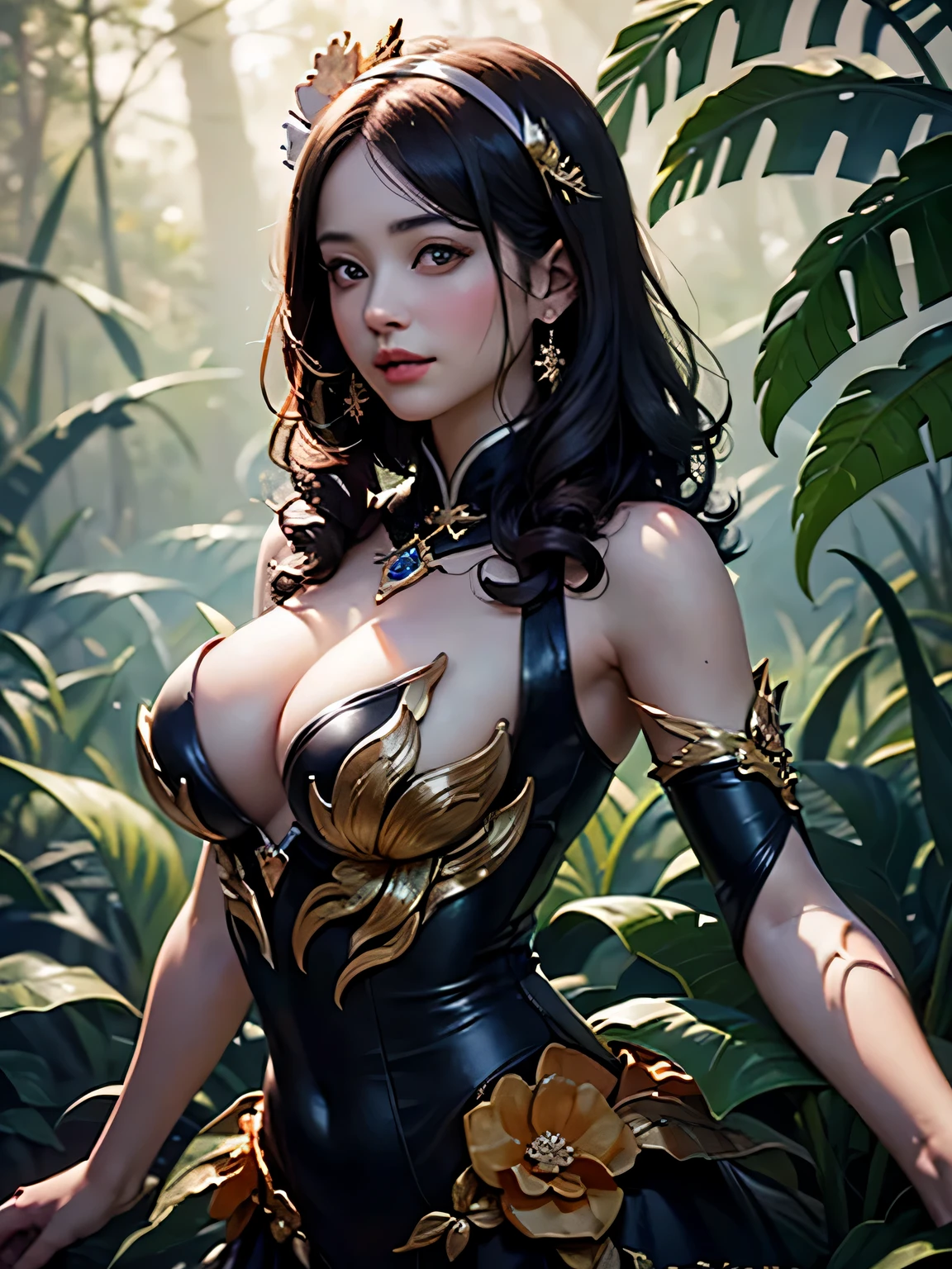 (RAW Photo, Best Quality), (Realistic: 1.3), Highly Detailed, Masterpiece, Hyperdetail, Illustration, 1 Girl, 23 years old chinese woman figure, full_body, HDR (High Dynamic Range), Ray Tracing, NVIDIA RTX, Super-Resolution, Unreal 5, Subsurface Scattering, PBR Textures, Post-processing, Anisotropic Filtering, Depth of Field, Maximum Sharpness and Clarity, Multi-layer Textures, Albedo and Highlight Maps, Surface Shading, Precise simulation of light-material interactions, perfect proportions, Octane Render, -color light, large aperture, low ISO, white balance, rule of thirds, 8K RAW, finger detailing, refined facial features, focus on the face, ((no extra limbs)), Dynamic Angle, World Mastery Theater, Best Quality, Extremely Detailed CG Unified 8k Wallpaper, Breathtaking, Cinematic Light, lenlare, beautiful Eyes, symmetrical eyes, girl covered in plant, wearing plant crown, at ancient jungle, smiling, (beautiful small breast)