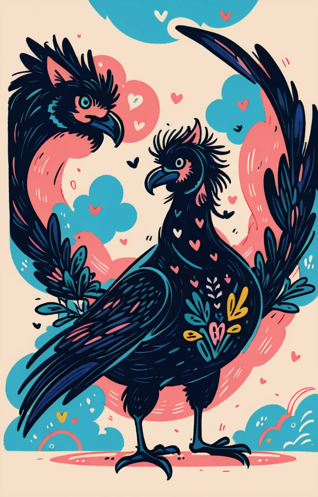 STYLE: kids illustration | SUBJECT: a playful prized black Rooster | AESTHETIC: super kawaii, bold outlines | COLOR PALETTE: pastel | IN THE STYLE OF: Sanrio