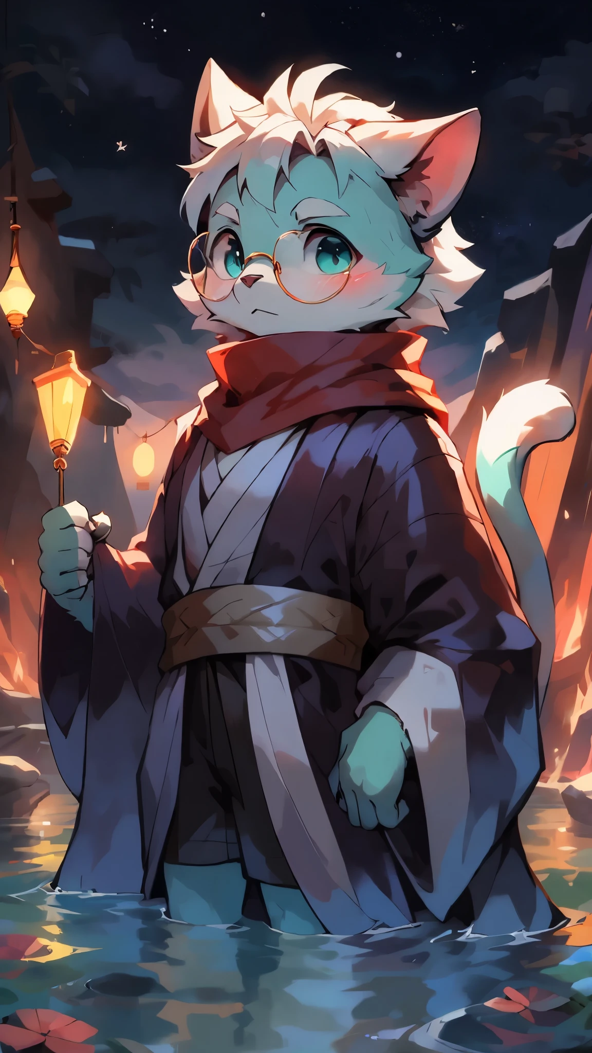 a portrait of a old, fully grown mature and aged male cat with big round circle glasses and a red scarf, The cat is very tall. bushy tail, and perked-up fluffy big ears, one ear is lowered. He is fully clothed, he wears a fluffy warm and cozy kimono, a handsome cat fursona with teal fur color, the chest has white fur, white fur around his mouth and cheeks, medium-length white hair, fluffy black cat ears, and a fluffy white neck. He is standinf on water, He is looking up at the colorful starry sky, and in the background an incredibly detailed background, detailed eyes