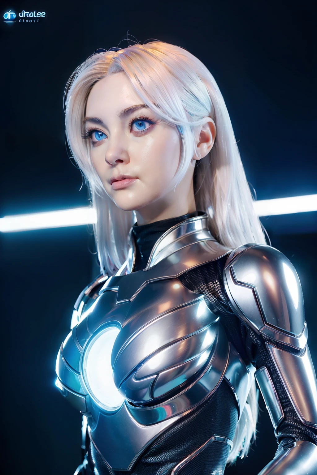 (best quality, ultra-detailed, realistic:1.37), high definition, android goddess, silver dress, white hair, blue eyes, glowing eyes, hollow eyes, empty stare, brainwashed, standing at attention, display case