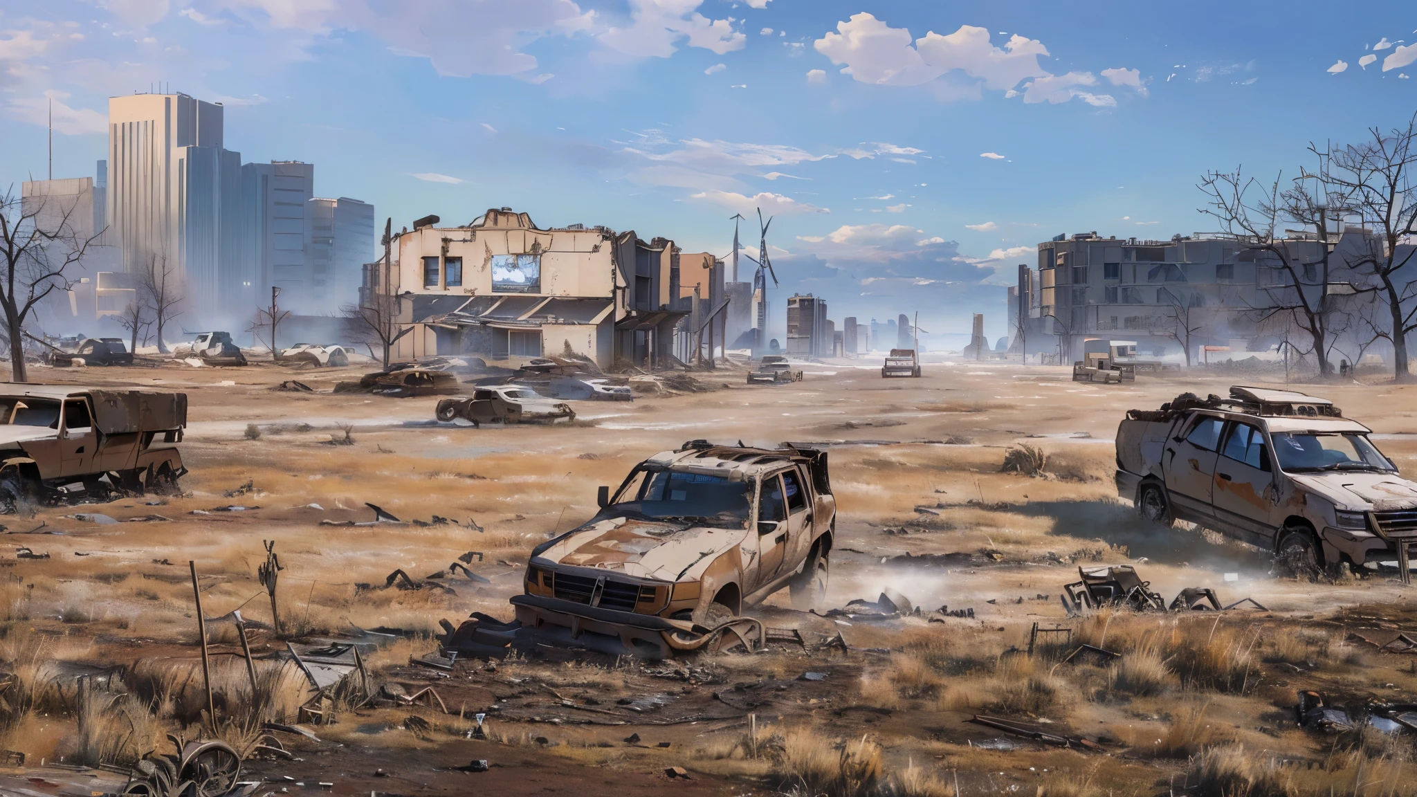 (Best quality, 8k, 32k, Masterpiece, UHD: 1.2, ray tracing: 1.2, real: 1.2),  (side: 1.5), savannah in the foreground, (Prairie, Long Range, wind:1.5),  Destruction,road works sign in the background, blue sky, white clouds, (((post apocalyptic wasteland))) 