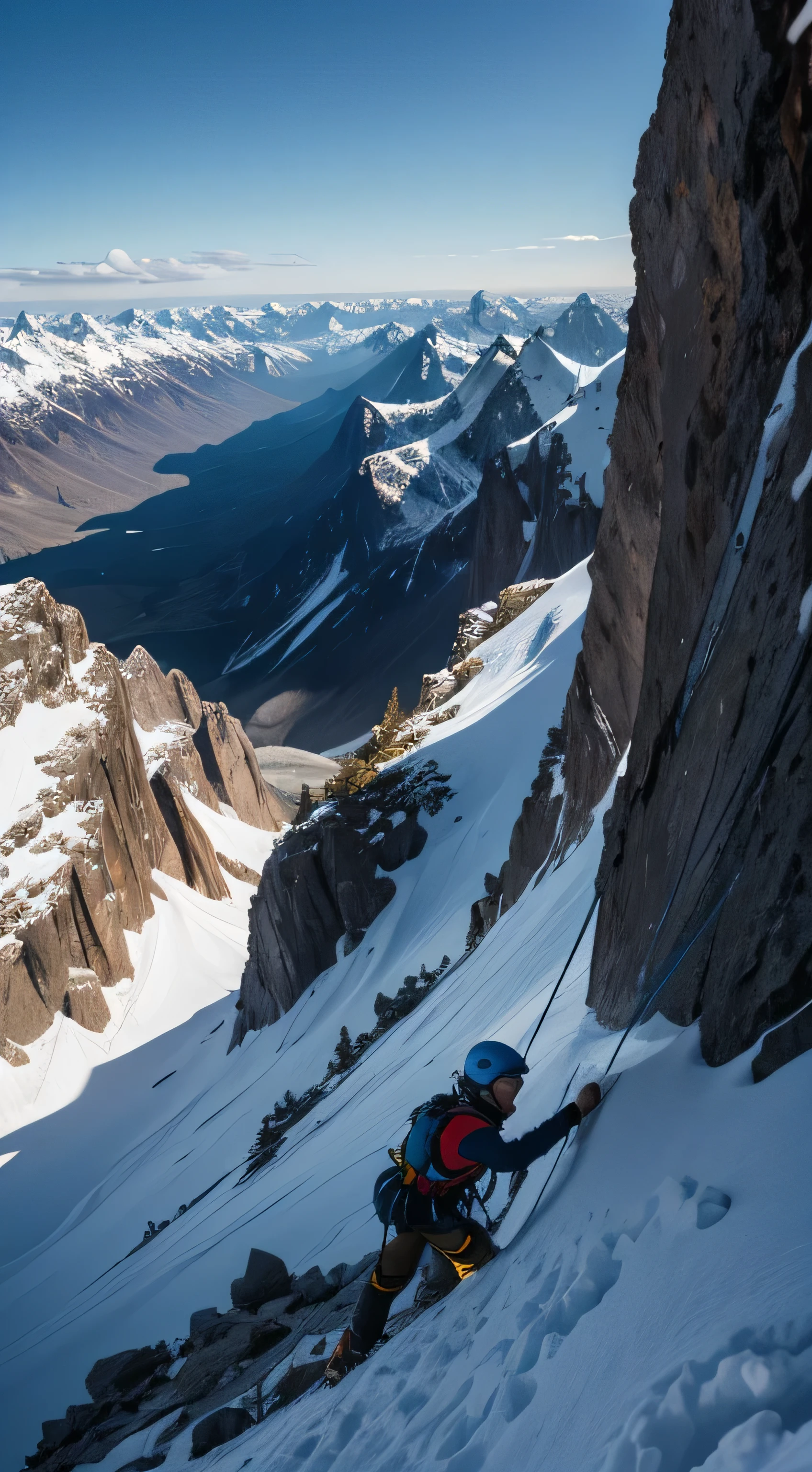 A man climbing a high and steep mountain, first-person perspective, with various obstacles along the way. The man is wearing climbing gear and has a determined expression. The mountain is rugged and covered in snow, with jagged rocks and icy patches. The climber is surrounded by a breathtaking landscape, with tall peaks and deep valleys stretching as far as the eye can see. The lighting is soft and warm, casting long shadows on the mountain slopes. The colors are vibrant, with shades of blue and white dominating the scene. The climber's movements are agile and precise, showcasing his expertise in mountaineering. The camera angle captures the intensity and thrill of the climbing experience, as if the viewer is right there with the climber. The image is of the highest quality, with ultra-detailed textures and sharp focus. The resulting artwork is a masterpiece, showcasing the beauty and challenges of mountaineering.