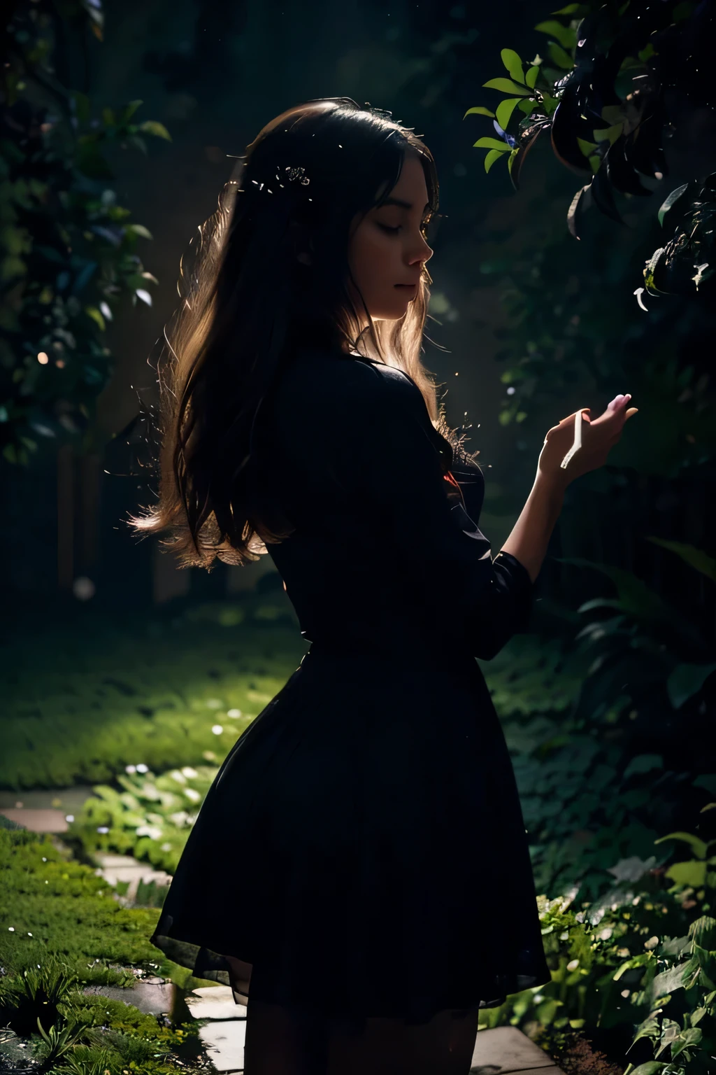 silhouette art，Girl silhouette texture clear，graceful gesture，gentle curves，dance，flowing hair，moon，dazzling stars。(Psychedelic style background)，Ethereal，distortion，whimsical，(charming garden)，Enigmatic Atmosphere，Romantic。delicate lines，subtle texture，Contrast shapes，artistic creation，surreal，dramatic lighting，hidden meaning，grace，emotional depth，evoke a feeling of mystery and wonder，Thought provoking and unforgettable，otherworldly，Change，Encouraging，poetry，unique visual story。best quality,4k,8k,high resolution,masterpiece:1.2,Super detailed,actual:1.37
