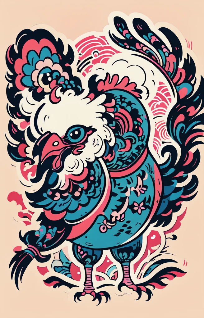 STYLE: kids illustration | SUBJECT: a playful prized black Rooster | AESTHETIC: super kawaii, bold outlines | COLOR PALETTE: pastel | IN THE STYLE OF: Sanrio