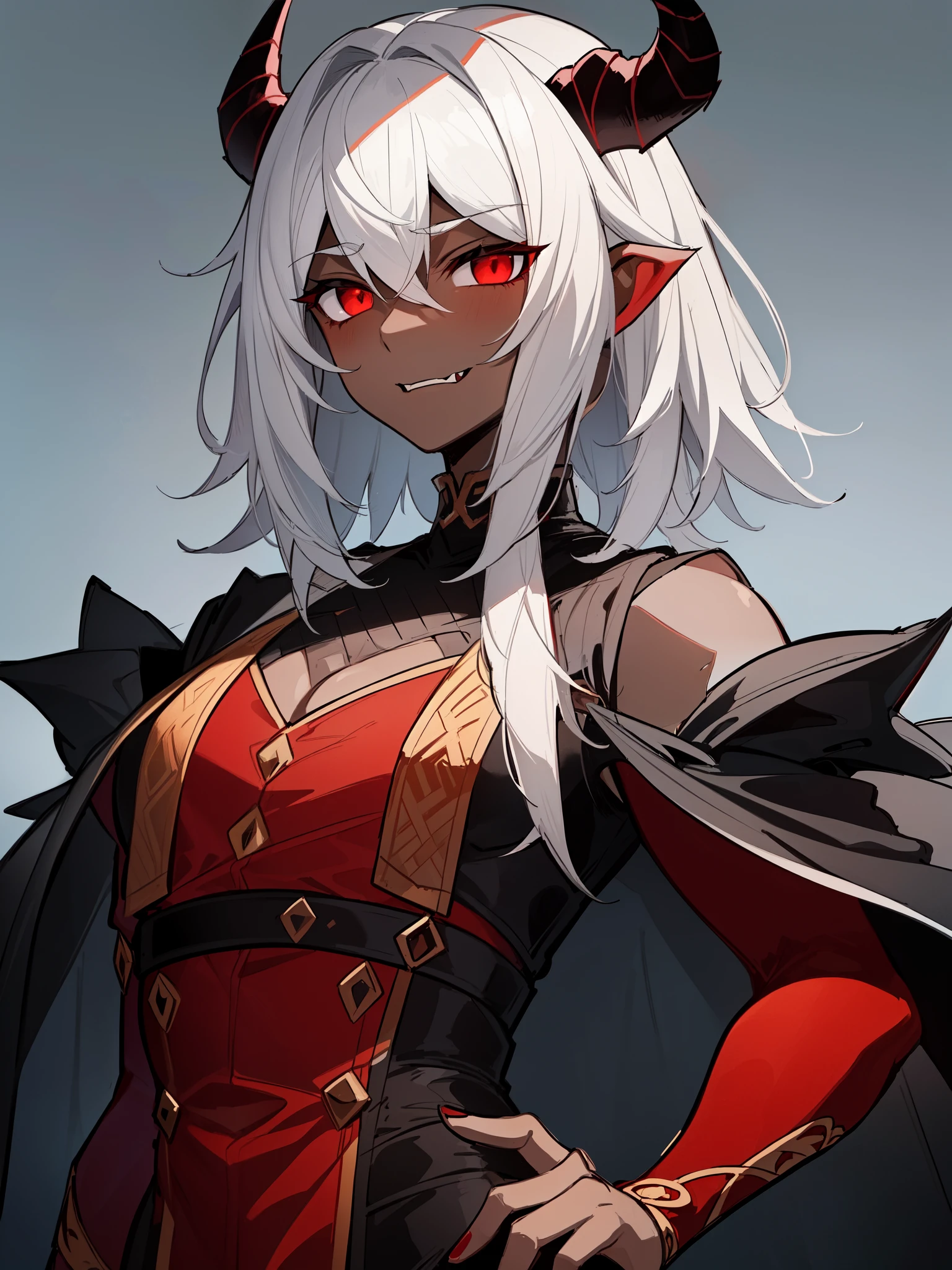 "Stunningly detailed anime sketch of a solo ((curvy)) ((feminine)) ((dark-skinned)) demon boy with short white hair and red eyes. He exudes maturity and has striking red and black crown-like horns. Dressed in ((black)) demonic fantasy clothes, including a black capelet and a red and black demonic aura, he resembles a dark prince.", ((femboi)),