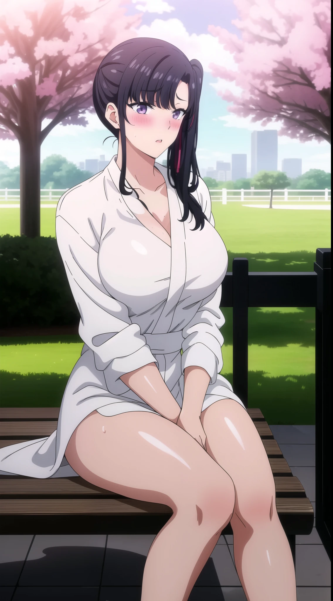 masterpiece, best quality, highly quality ,large breast,side ponytail, Black_hair, long_hair, hair_pulled_back,parted_lips, lilac_eyes, white bath robe, park background , (blush:1.2) , sitting , bench , tree , looking at viewer,