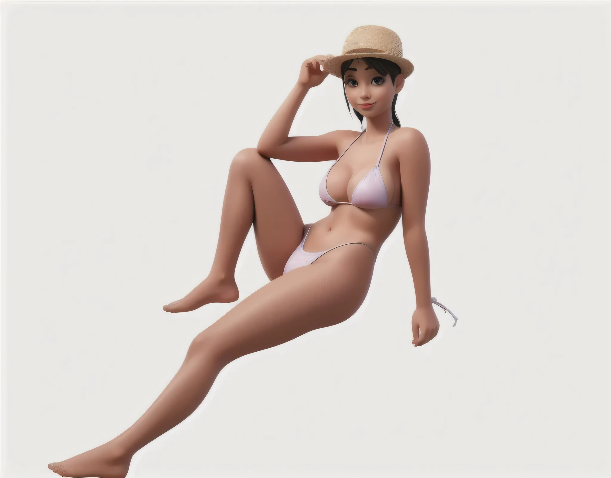 woman in bikini and hat sitting on a white surface, realistic bikini, with straw hat, corpo perfeito fotorrealista, corpo perfeito sombreado realista, April rendering, pose de pin-up, 3D rendering of a complete female body, character is in her natural pose, modelo in bikini, pose sexy, in bikini