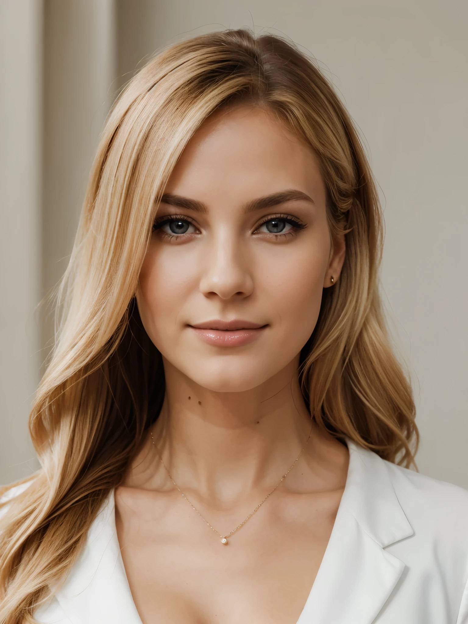 (highres:1.2),(best quality:1.2),(professional:1.1),(portrait:1.1),blonde hair,upper body,female,stylish,elegant,corporate attire,businesswoman,headshot,beautiful,American,photo for CV,confident expression,neutral background,sharp focus,vivid colors,subtle makeup, eyes,sophisticated pose,professional lighting,high-key lighting,soft shadows,relaxed posture,exceptional detail,crisp lines,polished look,fine texture on clothing,delicate jewelry,refined features,graceful demeanor,classic beauty,perfect complexion,subtle smile,attractive woman,striking appearance,impressive confidence,neatly arranged hair,subdued colors