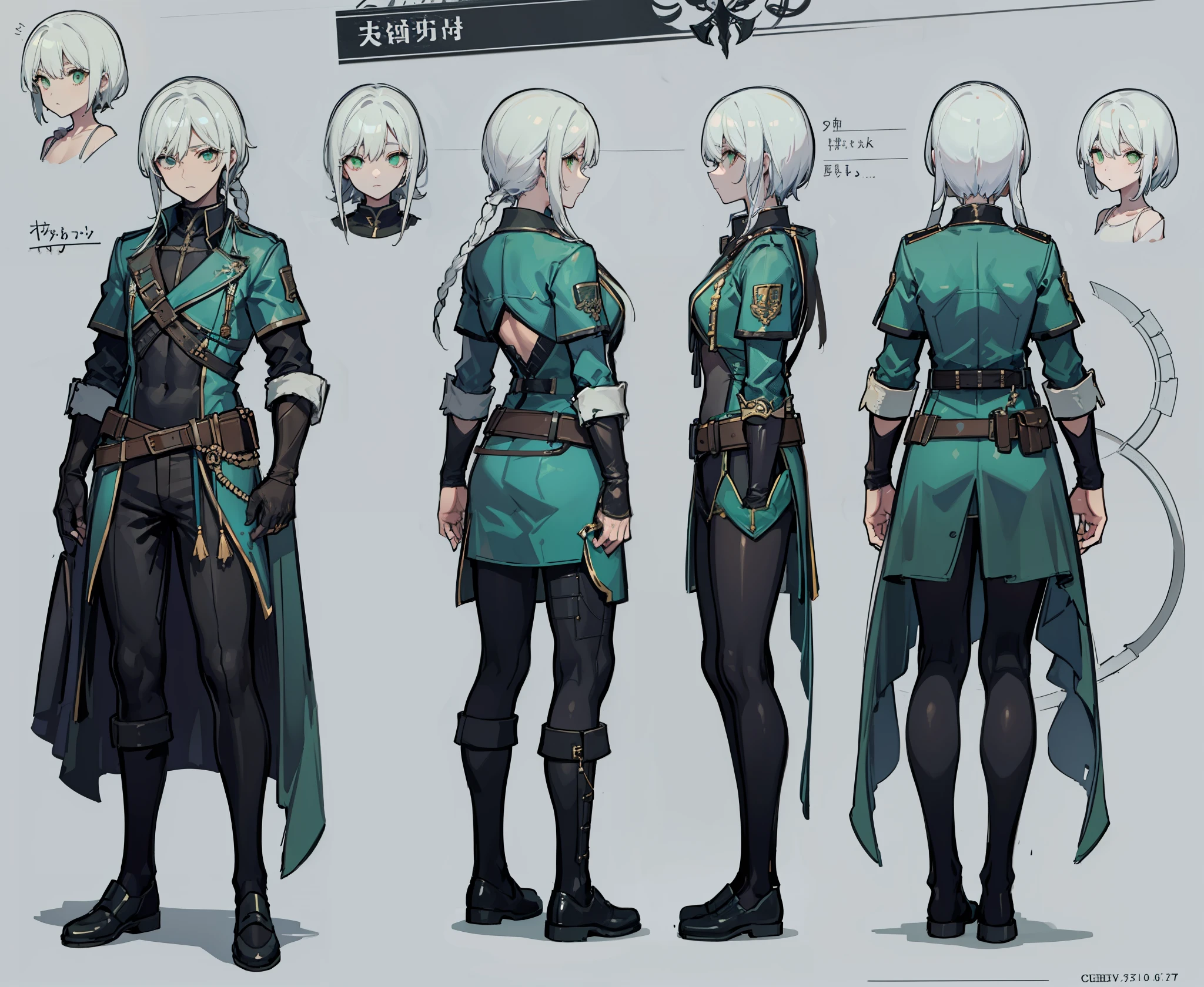 male, Reference table, Matching clothing, (fantasy character sheet, front, Back, left, correct) white hide, Rough and crude animal skin clothing，hunter image，white hair, green eyes, Resolute and strong. There is innocence and kindness in the eyes. (masterpiece:1.2), (best quality:1.3).