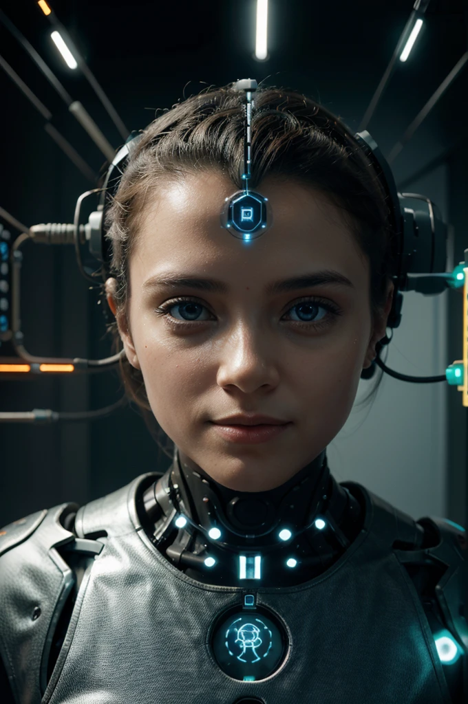 Develop an image of a human brain connected to electronic circuits, symbolizing the interface between the human mind and artificial intelligence, com elementos visuais futuristas ao redor