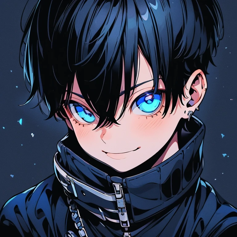 best quality,masterpiece,original,extremely detailed wallpaper,looking at viewer,1boy,solo,male,male focus,black hair,short hair,straight hair with bangs, hair under eyes,black jacket,open jacket,black pants with chains,seductive_smile