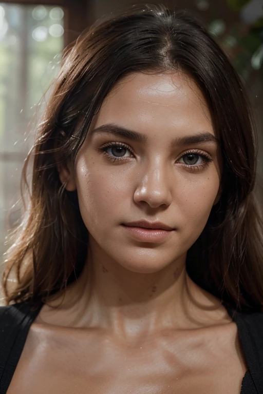 Generate a portrait photo of a beautiful 25 y.o. blonde female that achieves undoubted photorealism, rule of thirds, realistic perfect face,The skin have a complex texture map that includes pores, moles, fine lines, and slight variations in pigmentation, with a multiscale roughness map to simulate varying levels of shininess and matte across the face. Implement advanced subsurface scattering techniques to emulate the semi-translucent property of skin with irregular diffusion, especially around the nose and ears. Render the hair with a physics-based simulation that reflects the natural grouping and adhesion of strands, varying in transparency and glossiness. The eyes have a deep-set look, with a multi-layered iris texture that includes fine fibrous details and an irregular, non-uniform catchlight reflecting a realistic light environment. Include micro-veins in the sclera with subtle color gradients to mimic the natural variance in human eyes. Ensure facial symmetry is not absolute, introducing micro-variations in the position and scale of features to reflect the natural asymmetry of a real human face. The lips have a detailed texture map that defines dry versus moist areas,causing light to scatter differently across them.Employ a dynamic range lighting setup that casts defined but soft-edged shadows to sculpt the facial features, using a combination of a strong key light and a softer fill light to create a realistic interplay of light and shadow. Include ambient occlusion particularly in areas where the hair casts a shadow on the forehead, and where the neck meets the jaw. The final render should incorporate environmental lighting effects, reflecting subtle colors from the surroundings onto the skin, and should be free from any noise or rendering artifacts. Capture this with the precision of a full-frame sensor camera, through an 85mm prime lens set at f/2.0 for a shallow depth of field,rendering a softly blurred background
