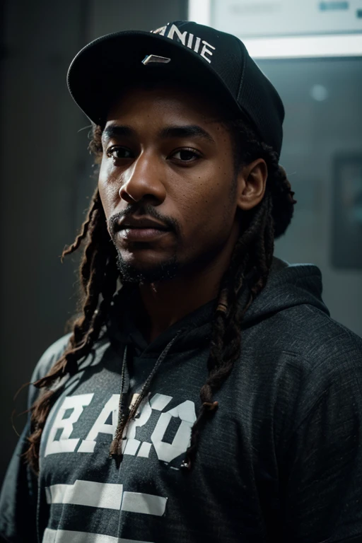 Breathtaking cinematic half body portrait photo of an afro american 30 y.o. trip-hop rap singer male gesticulating with hands and rapping in front of a (futuristic computer circuit board wall), long black rasta hair, mustache and round beard, wearing Hoodie and baseball cap, (there is a text on his cap and t-shirt says: "S.D."), realistic perfect face, realistic perfect eyes, rule of thirds, symmetrical eyes and pupils, detailed skin and hair,studio lighting,video still, taken from a music video, intricate detailed, realistic, extremely high-resolution details, photorealism, realistic lifelike textures, masterpiece, best quality, sharp focus, photorealism, photorealistic, 8k, volumetric light, (intricate details), hdr, high detailed, high quality, soft cinematic light, dramatic atmosphere, atmospheric perspective, ultra realistic, neutral colors, cinematic lighting, wide angle, film grain, dslr, raw photo,