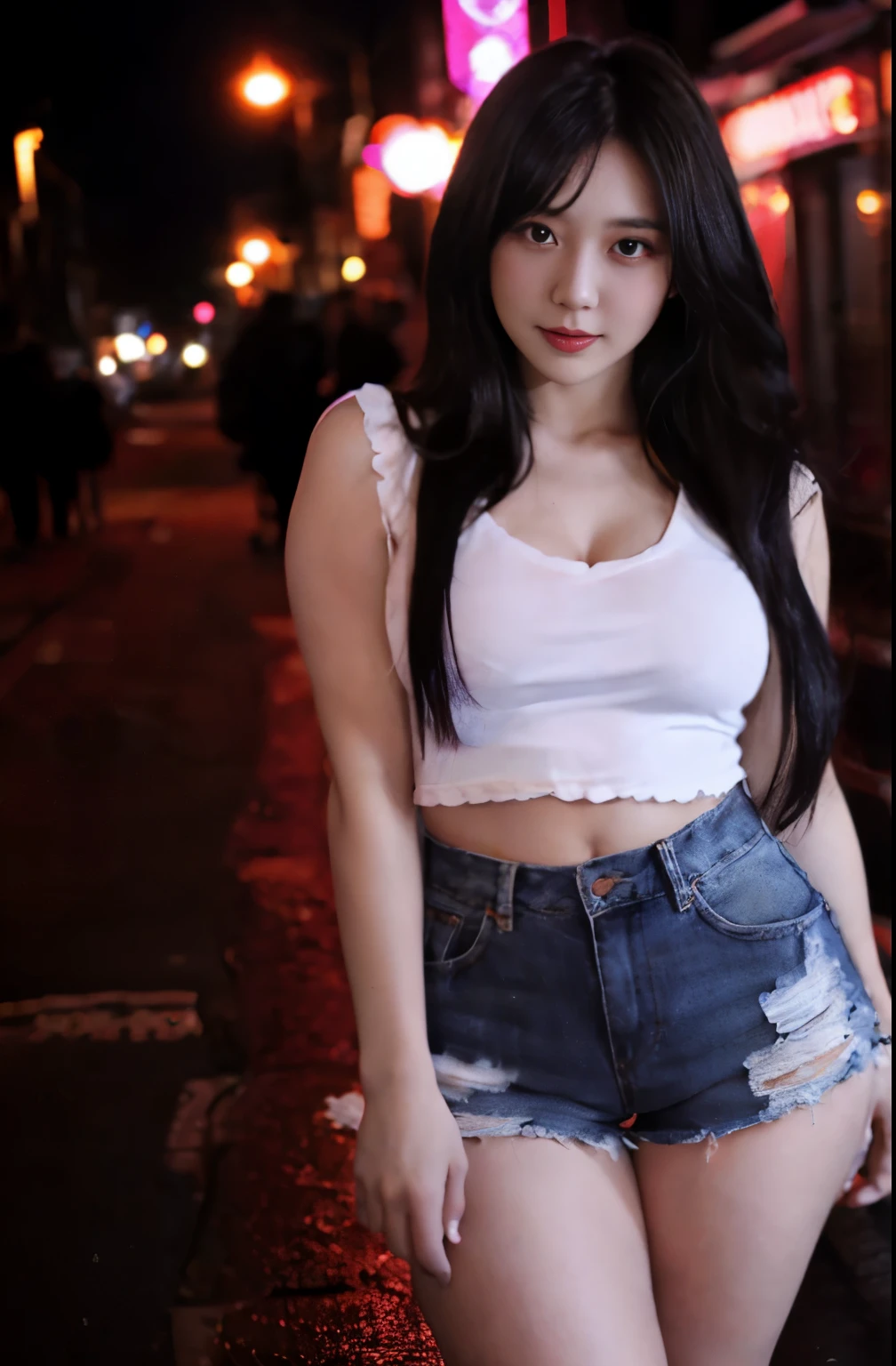 lady, posing seductively to viewer, solo:1, pov, beautiful thick thighs,
red light district background, long hair, 3/4 body, V neck mini hot shorts