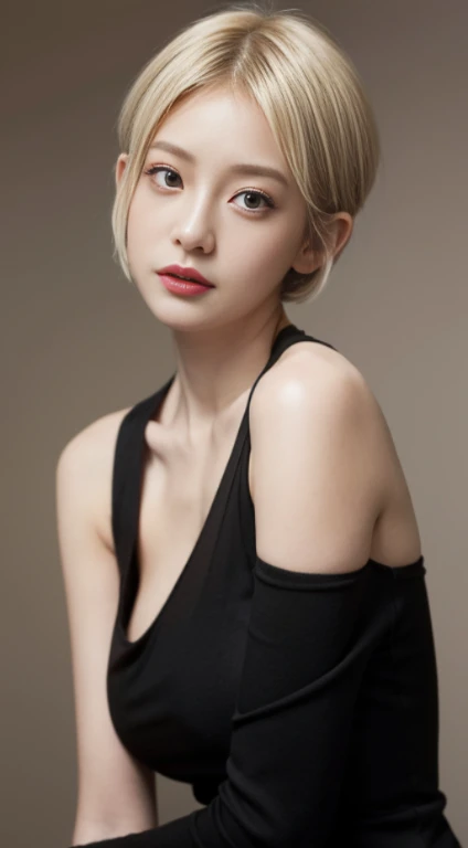 High resolution，(((Kitagawa Keiko style)))、 one beautiful young woman， （soft saturation：1.3）， （fair skin, glossy skin：1.2）， Wear black clothes， 85MM shot，Breasts F/8.0， Background Gal，medium breasted， break （China Street：1.3）， 1girl huge large breasts，18-year-old，（Porcelain dress：1.5），Side Tie Peak，（Porcelain dress：1.5），(Blonde Shorthair:1.5)