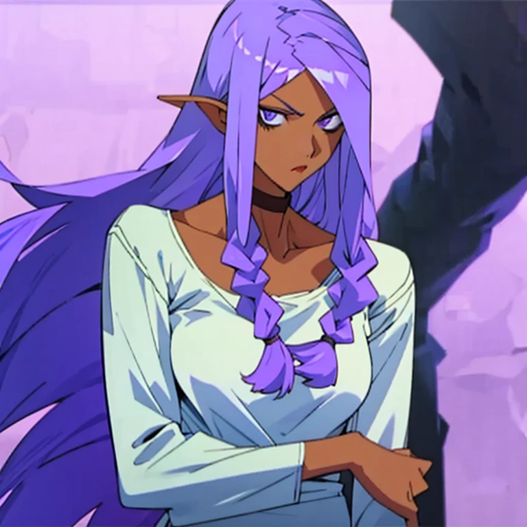 woman with long purple hair, stern look, striped prison clothes, long sleeve shirt, round neckline, white slippers, upper body, dirty clothes, manhwa style