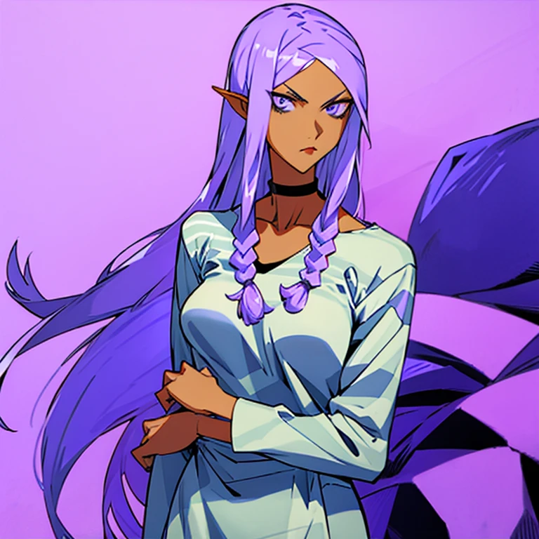 woman with long purple hair, stern look, striped prison clothes, long sleeve shirt, round neckline, white slippers, upper body, dirty clothes, manhwa style