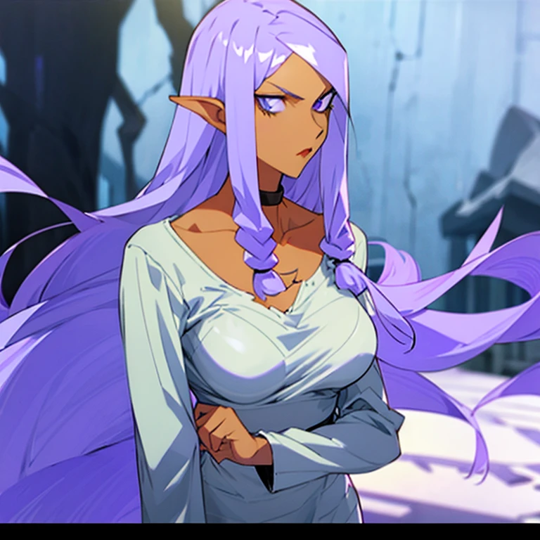 woman with long purple hair, stern look, striped prison clothes, long sleeve shirt, round neckline, white slippers, upper body, dirty clothes, manhwa style