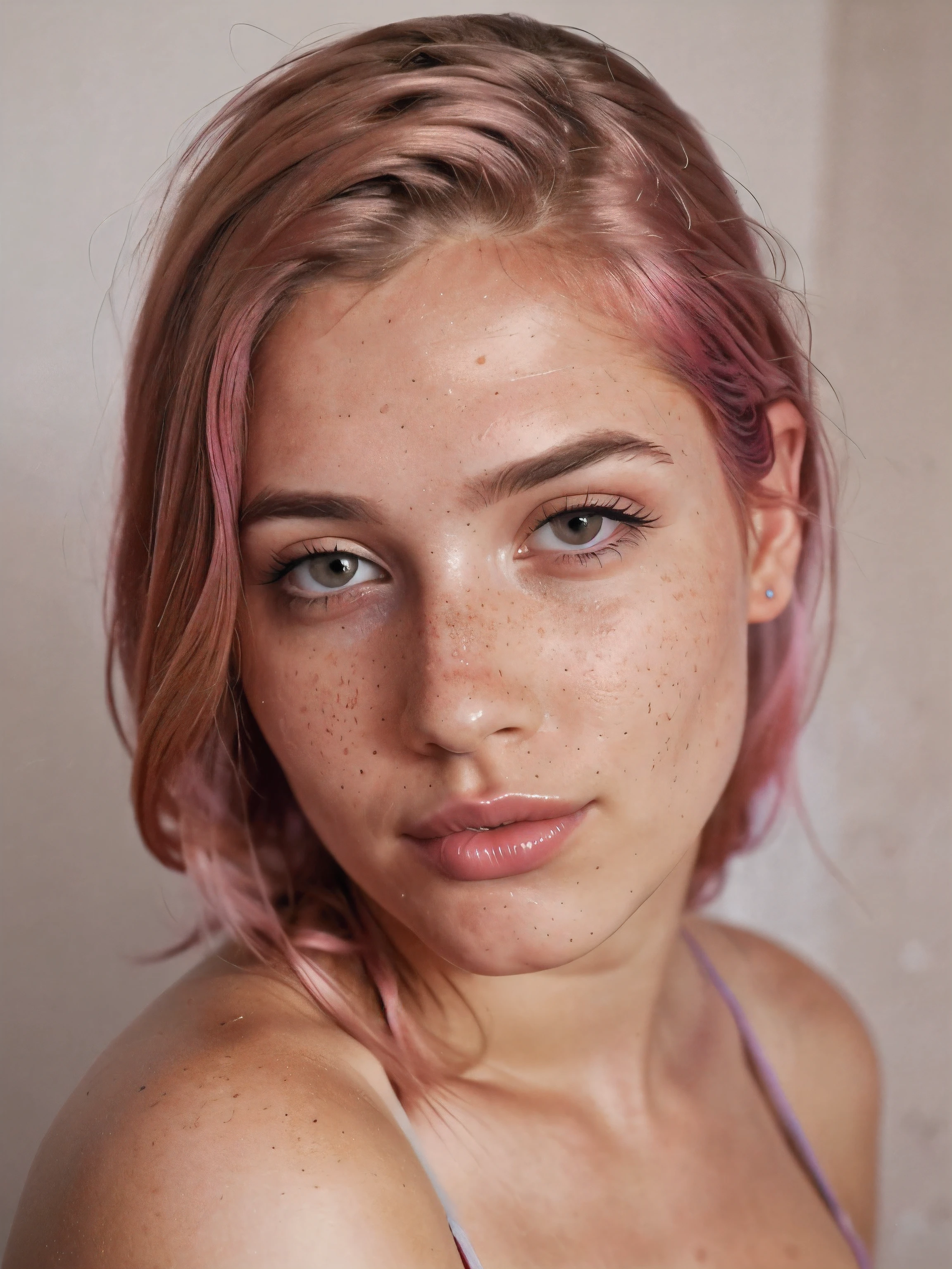 realistic portrait photo of beautiful woman with pink hair, hair roots slightly faded, spanish, influencer, light
freckles, brown eyes, no makeup, instagram