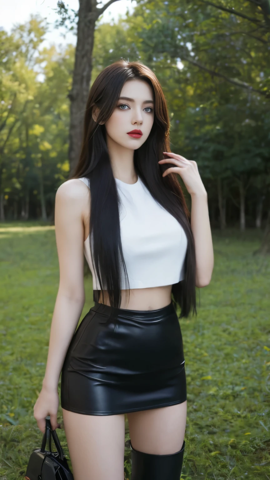 Beautiful girl, long hair, layered hair, femoral, blue eyes, Red lips, light makeup, leather crop top, leather pencil skirt, Black and red color combination outfit, park landscape, tall tree, bush,