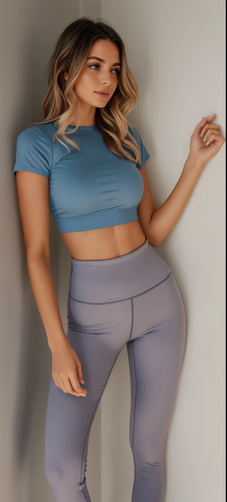 a woman with very messy hair wearing a blue blouse and gray leggings leaning against the wall, forma tonificada, two piece workout clothes, foto adequada, corpo tonificado, physicist : a menor barriga de todos os tempos, camiseta azul justa, cottagecore!! corpo fitness, roupa apertada, perto de um magro, regata apertada violeta, short shirt and strong abdomen, tom legal