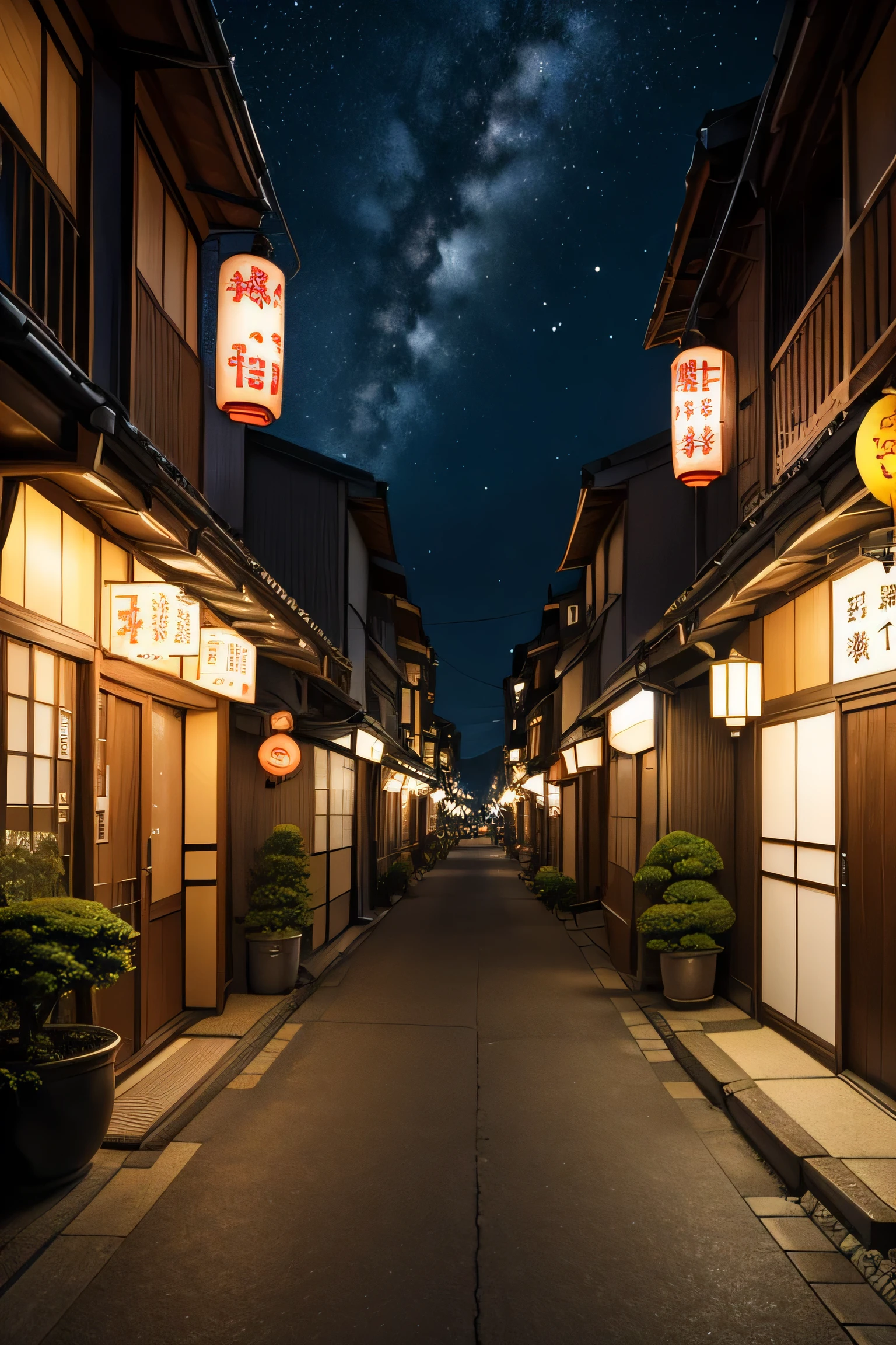 Japan street night ancient background, neon, lamp, star sky, genshin impact, lunar new year, no character, no painting, no water color, realistic style, new year mood