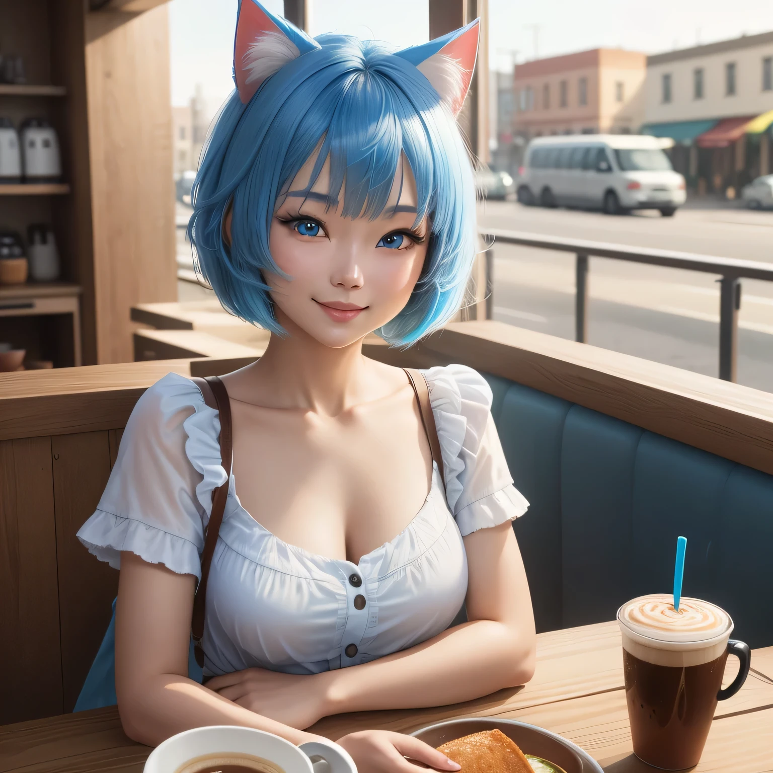 (8k, HDR, RAW photo, best quality, masterpiece:1.2, realistic lighting), Cowboy shot, korean girl, solo, smile, (bob cuts hair), sky blue hair, path traced hair, (sky blue cat ears), ((sky blue eyes)), beauty eyes, (thin face), flat chest, (cafe:1.3), relaxing in cafe, drinking a cup of coffee, look up, upper body.