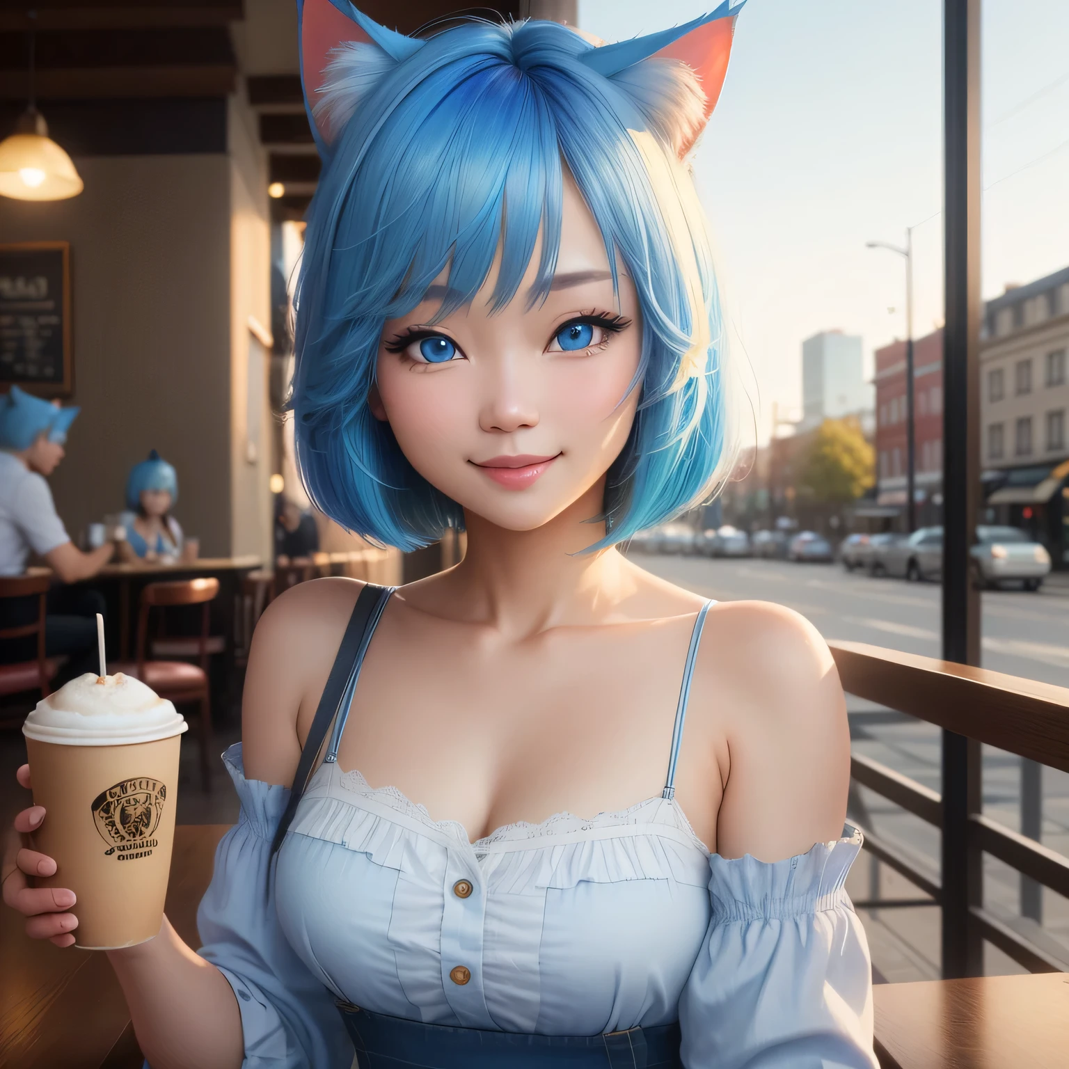 (8k, HDR, RAW photo, best quality, masterpiece:1.2, realistic lighting), Cowboy shot, korean girl, solo, smile, (bob cuts hair), sky blue hair, path traced hair, (sky blue cat ears), ((sky blue eyes)), beauty eyes, (thin face), flat chest, (cafe:1.3), relaxing in cafe, drinking a cup of coffee, look up, upper body.